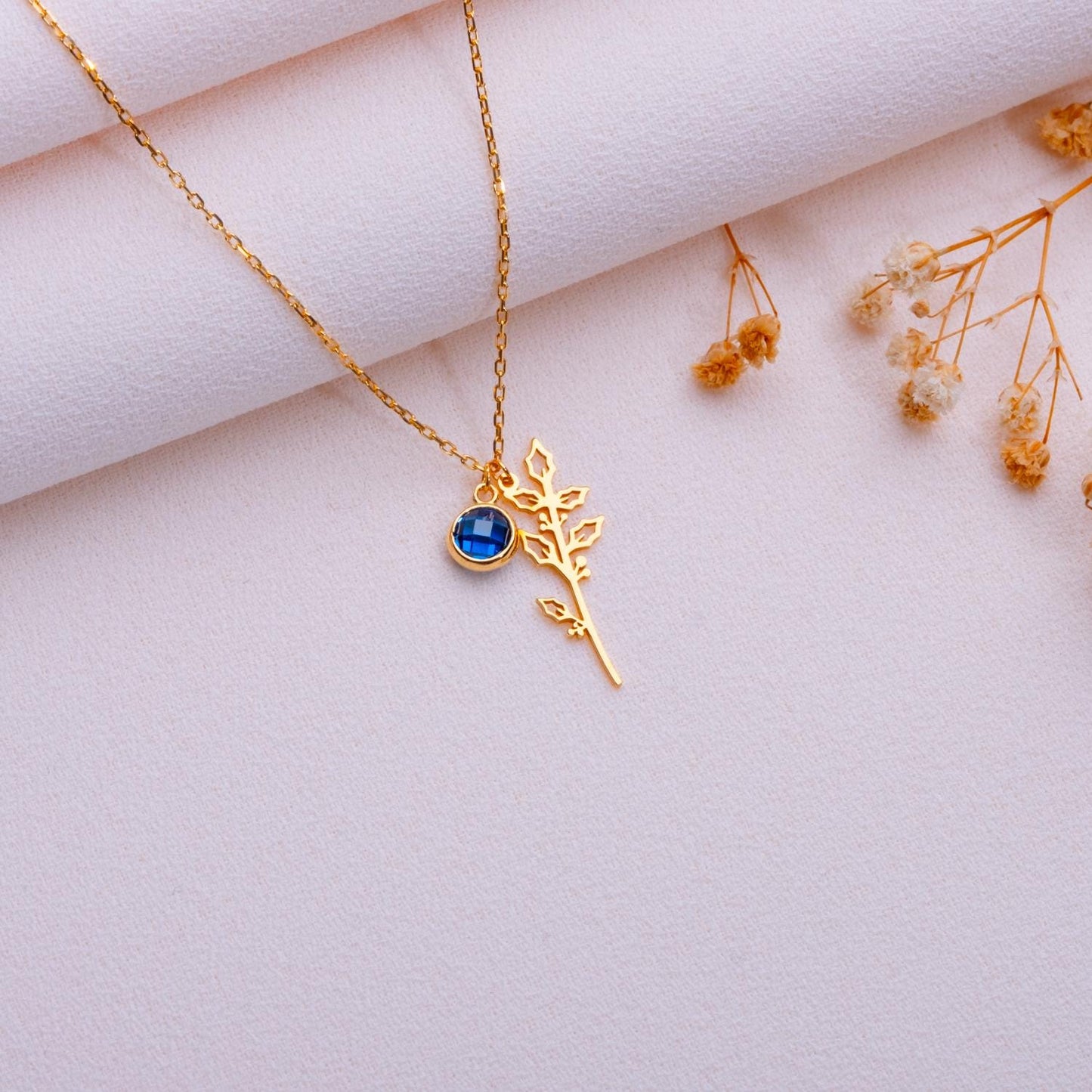 December Holly Berry Birth Flower Necklace • Blue Topaz Jewelry • Floral Gold Pendant • Personalized Birthday Gift • Handmade December