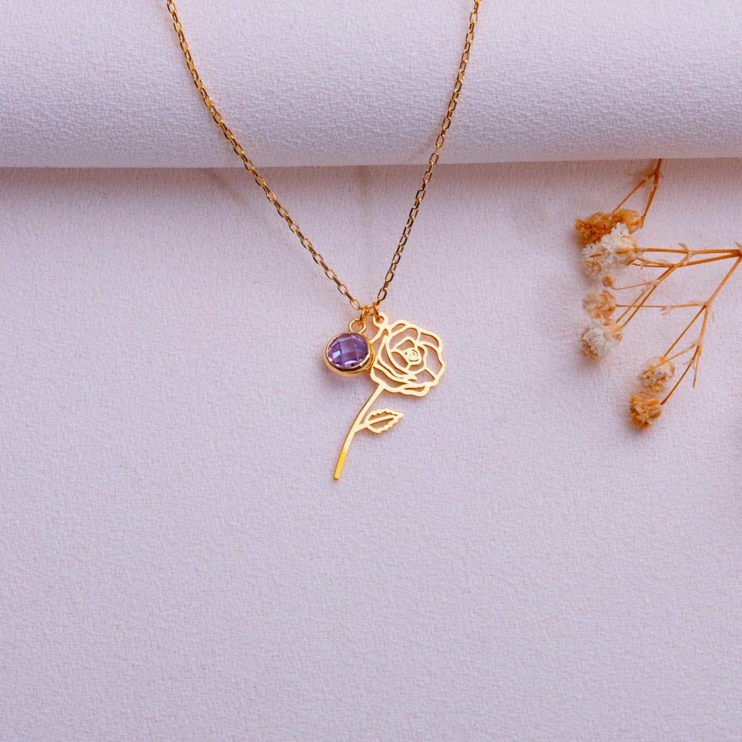 June Rose Birth Flower Necklace • Amethyst Pendant Jewelry • Birth Month Flower Gift •Personalized Floral Necklace for Her-Handmade Necklace
