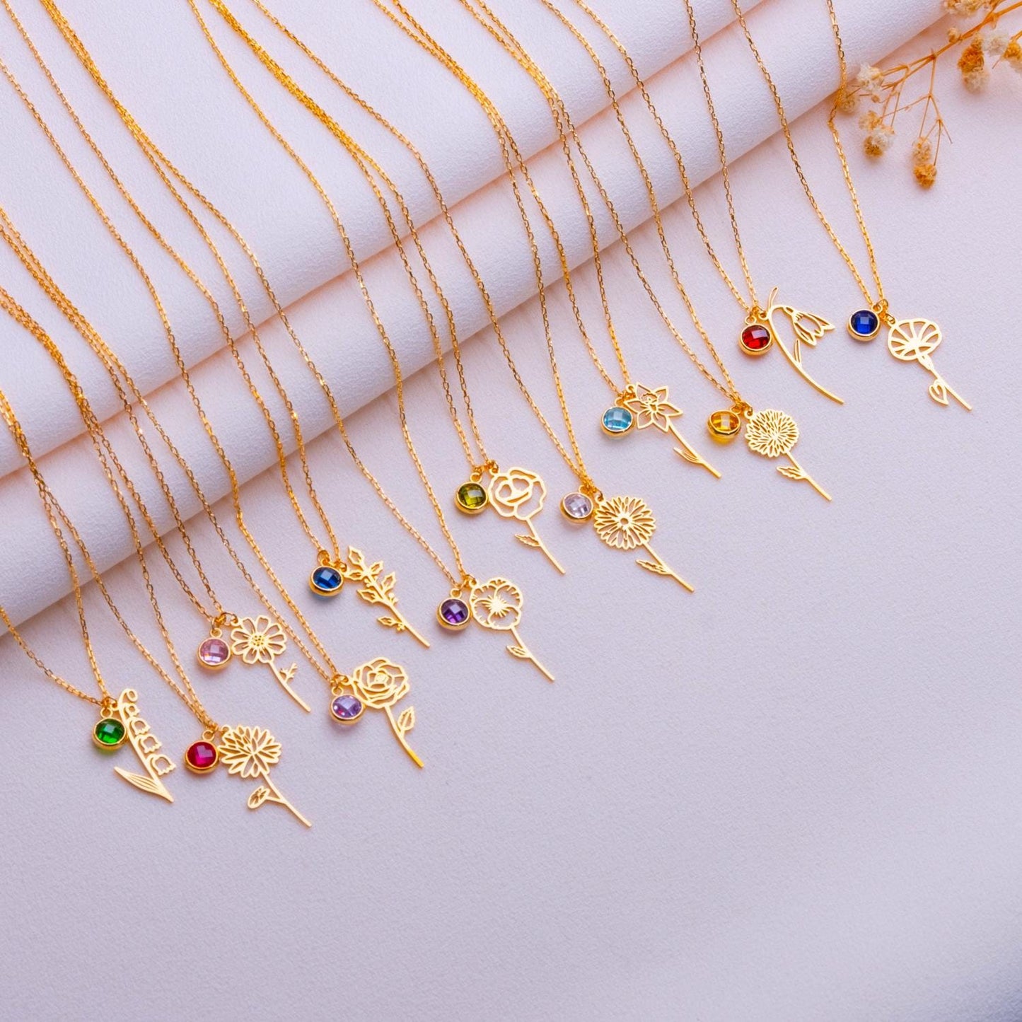Gold Birth Flower Necklace • Handmade Dainty Floral Jewelry • Birthstone Pendant for Women • Personalized Birthday-Anniversary Gift for Her