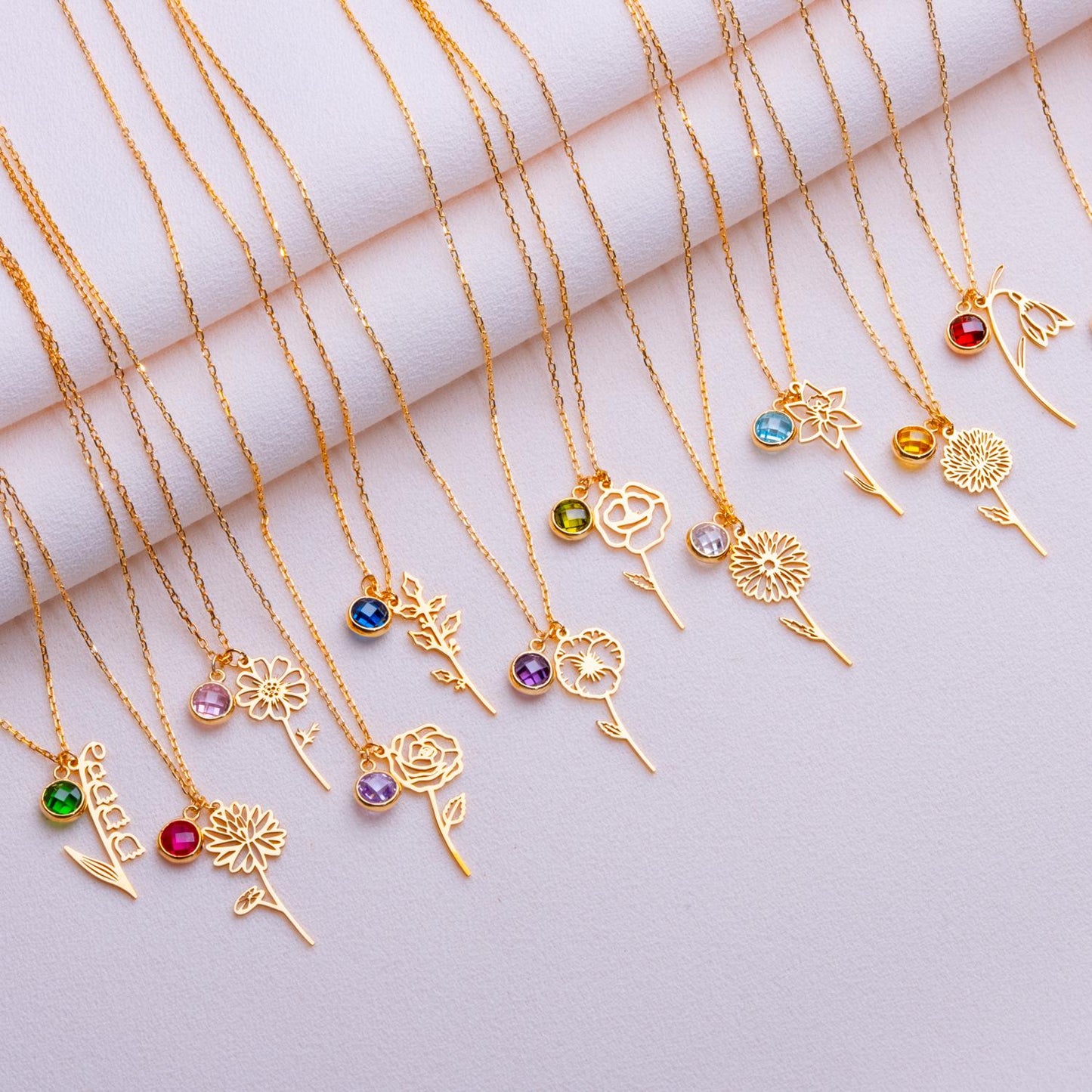 Gold Birth Flower Necklace • Handmade Dainty Floral Jewelry • Birthstone Pendant for Women • Personalized Birthday-Anniversary Gift for Her