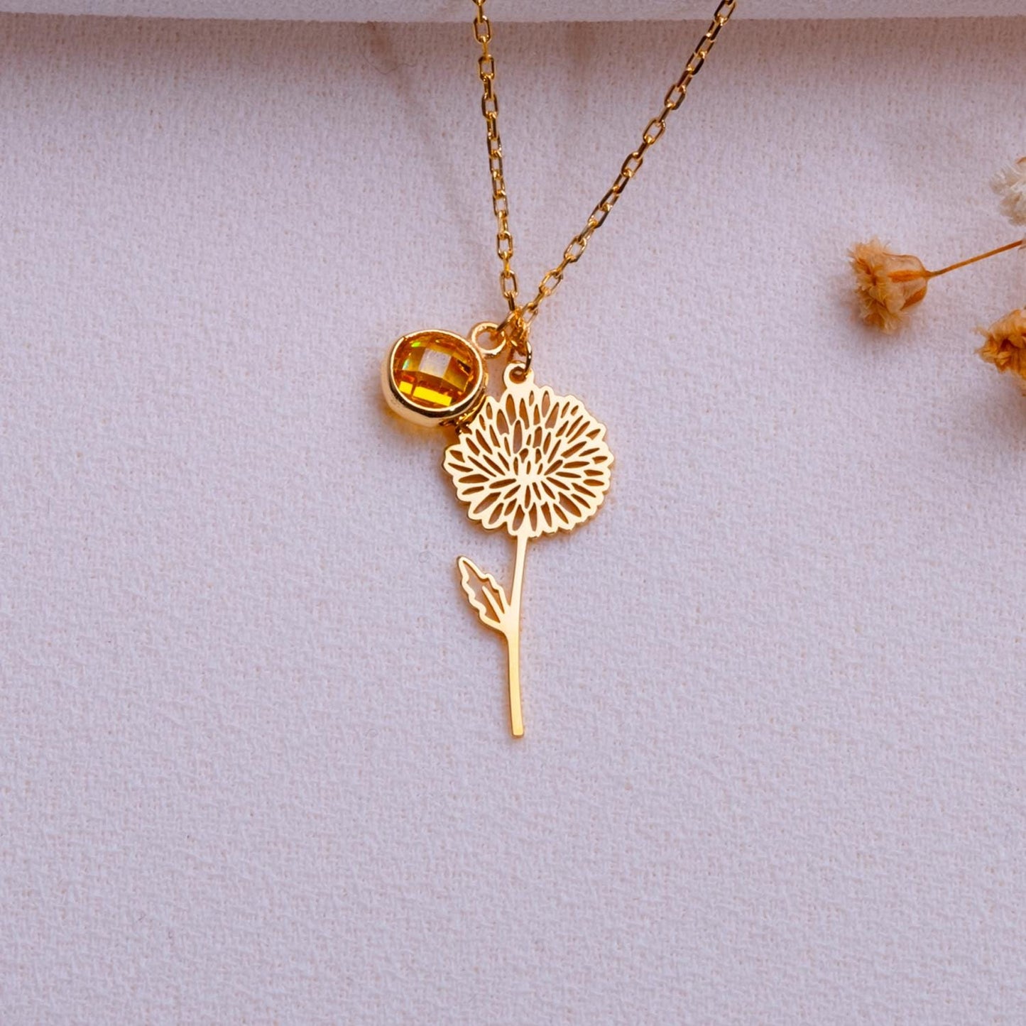 November Chrysanthemum Birthstone Flower Necklace • Yellow Topaz Birthstone Jewelry • Birthflower Pendant • Birthday Gift for Her - Handmade