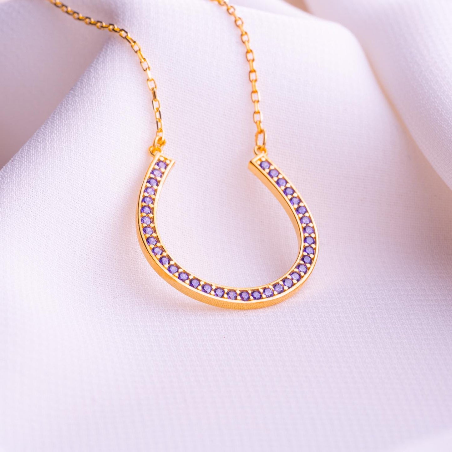 Horseshoe Pendant Necklace, Lucky Horseshoe Charm, Gold Birthstone Jewelry, Minimalist Gemstone Necklace, Anniversary Gift for Women