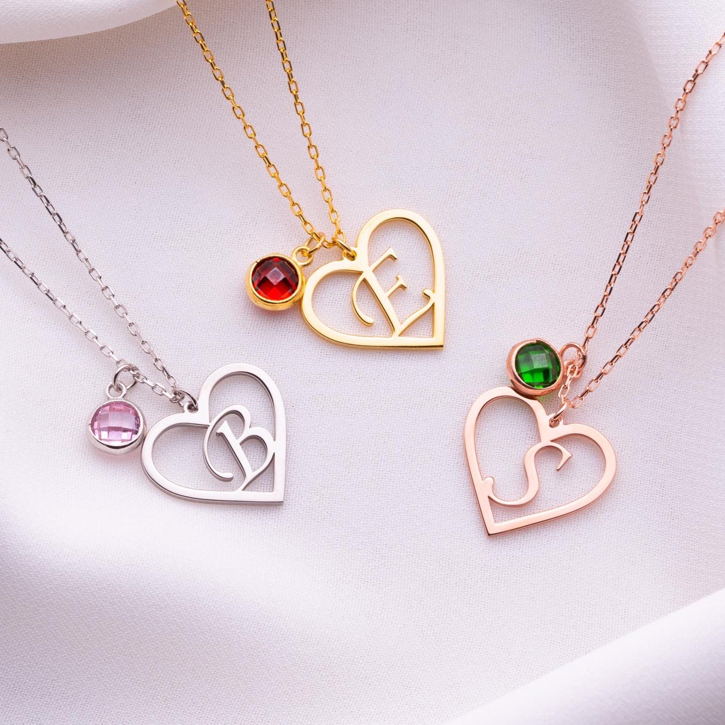 Birthstone Heart Necklace – Personalized Heart Jewelry, Custom Birthstone Gift for Her, Birthday Necklace, Romantic Jewelry for Women.
