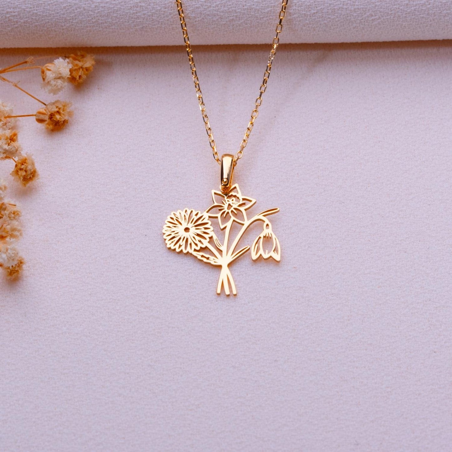 Bouquet Birth Flower Necklace • Dainty Gold or Silver Birth Month Pendant • Personalized Floral Jewelry Gift • Custom Birthday Gift for Her.