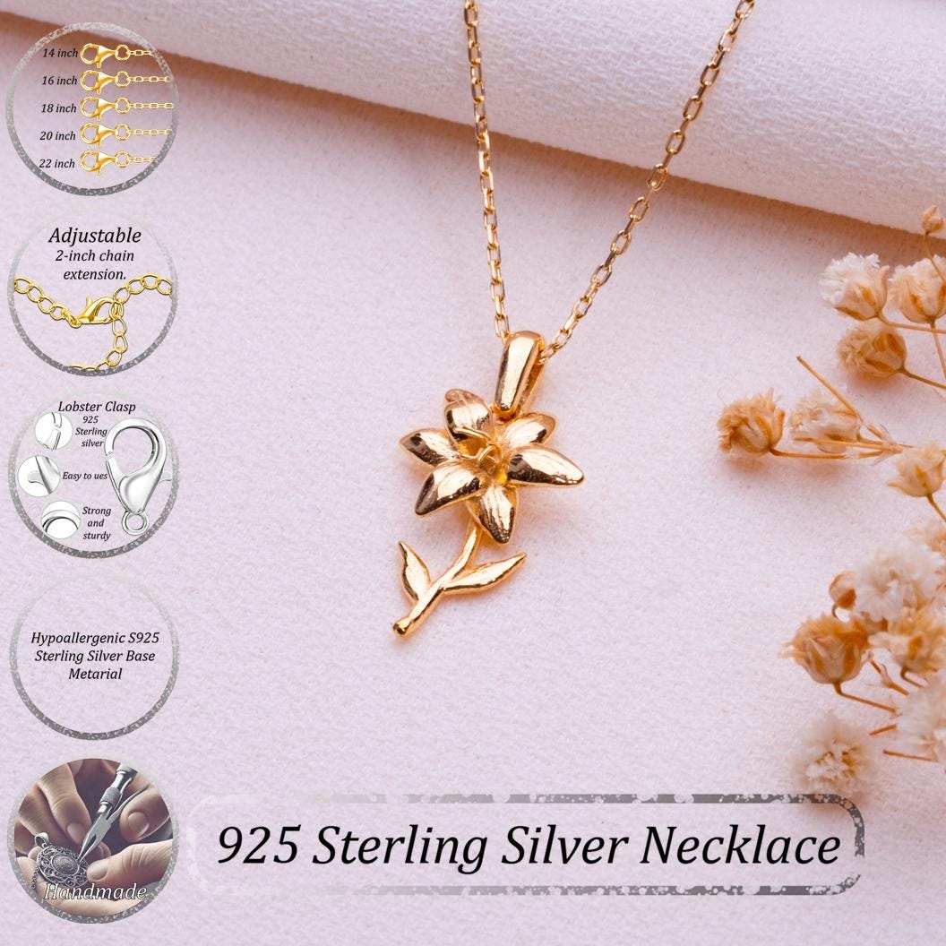 Lily Flower Necklace • Gold Birth Flower Pendant -Lily Jewelry Gift for Her-Birthflower Necklace-Flower Girl Gift-Floral Birth Month Jewelry