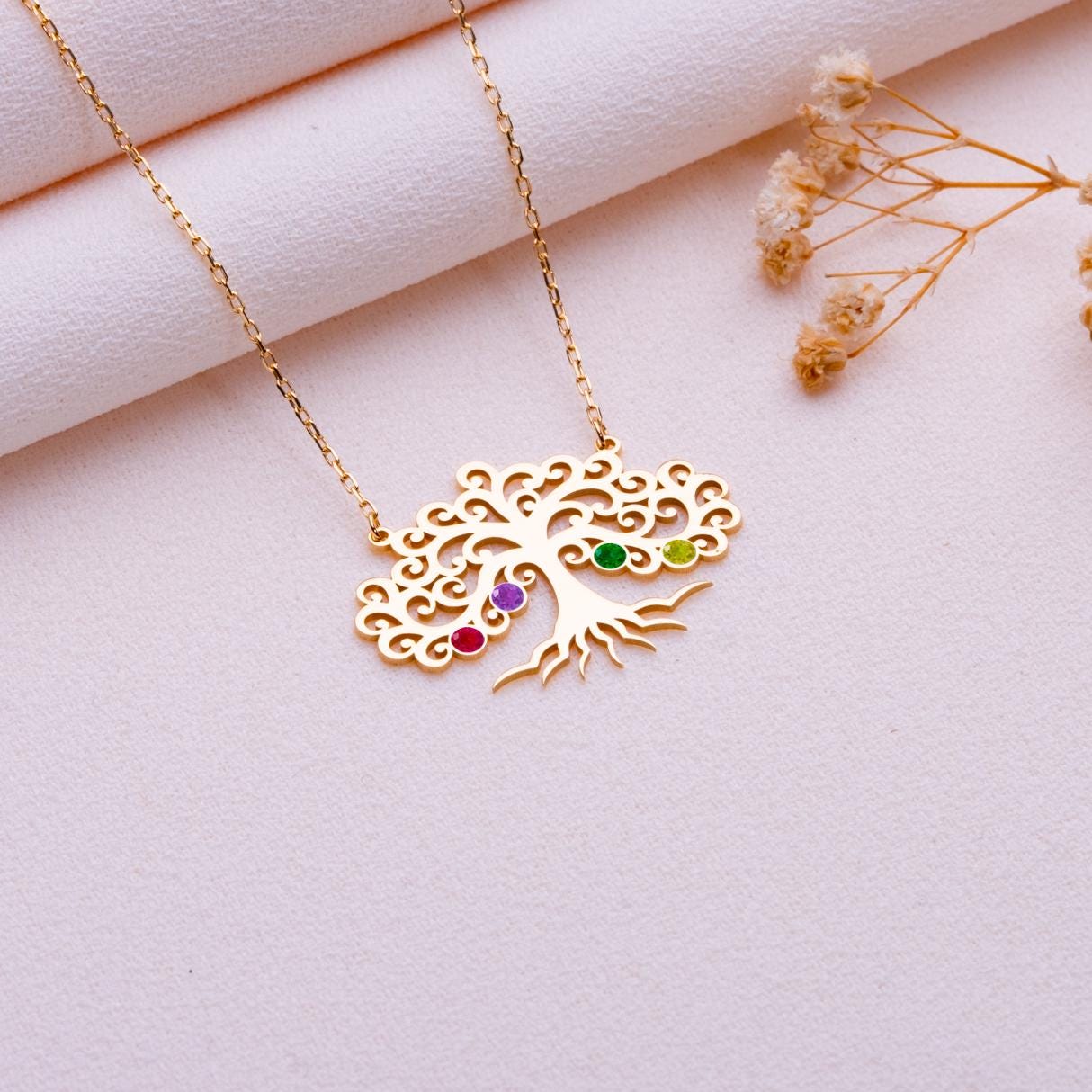 Tree of Life Birthstone Necklace • Grandma or Mom Gift • Bonsai Tree Pendant • Amethyst Tourmaline Peridot Jewelry • August Birthstone Gift