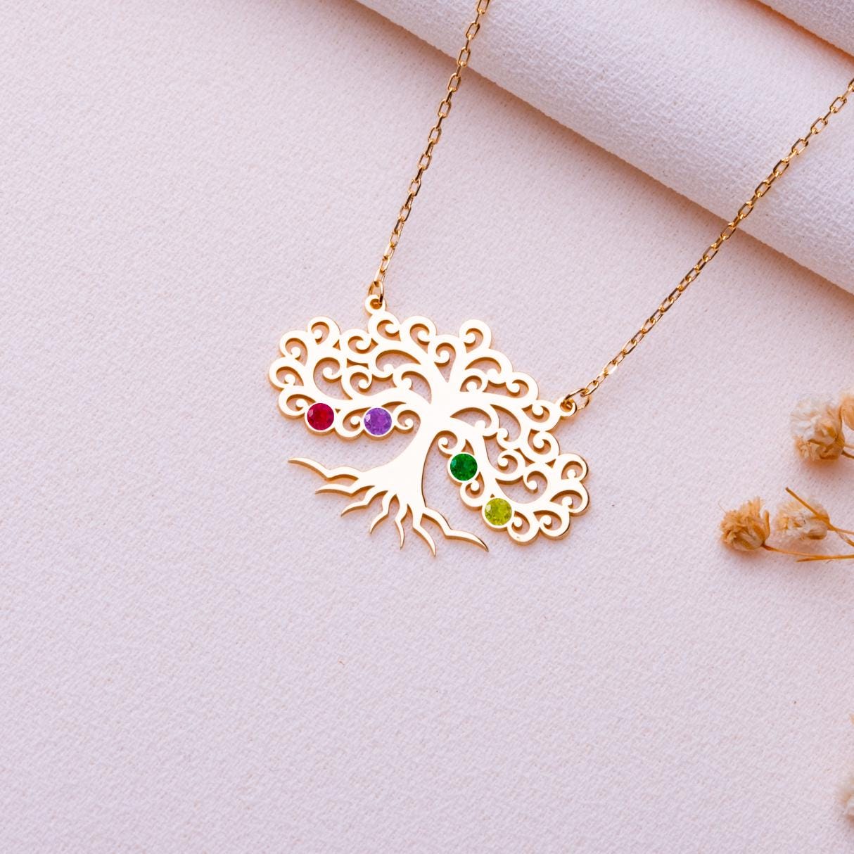 Tree of Life Birthstone Necklace • Grandma or Mom Gift • Bonsai Tree Pendant • Amethyst Tourmaline Peridot Jewelry • August Birthstone Gift