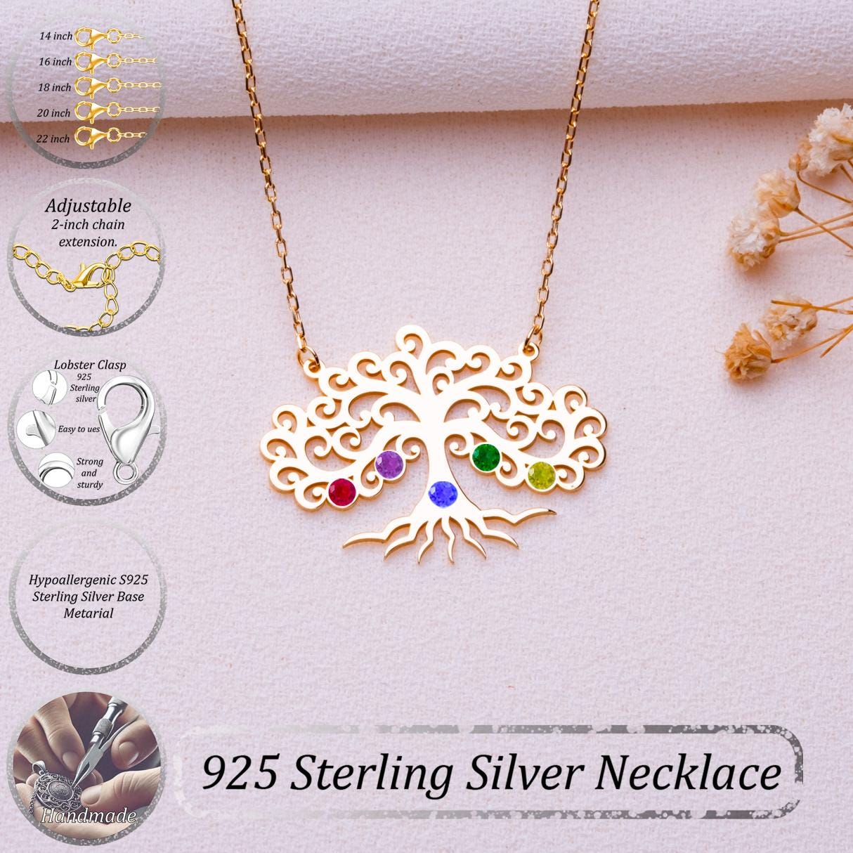 Tree of Life Birthstone Necklace • Family Tree Pendant • Personalized Jewelry Gift-Peridot Birthstone Necklace-Birthday or Anniversary Gift