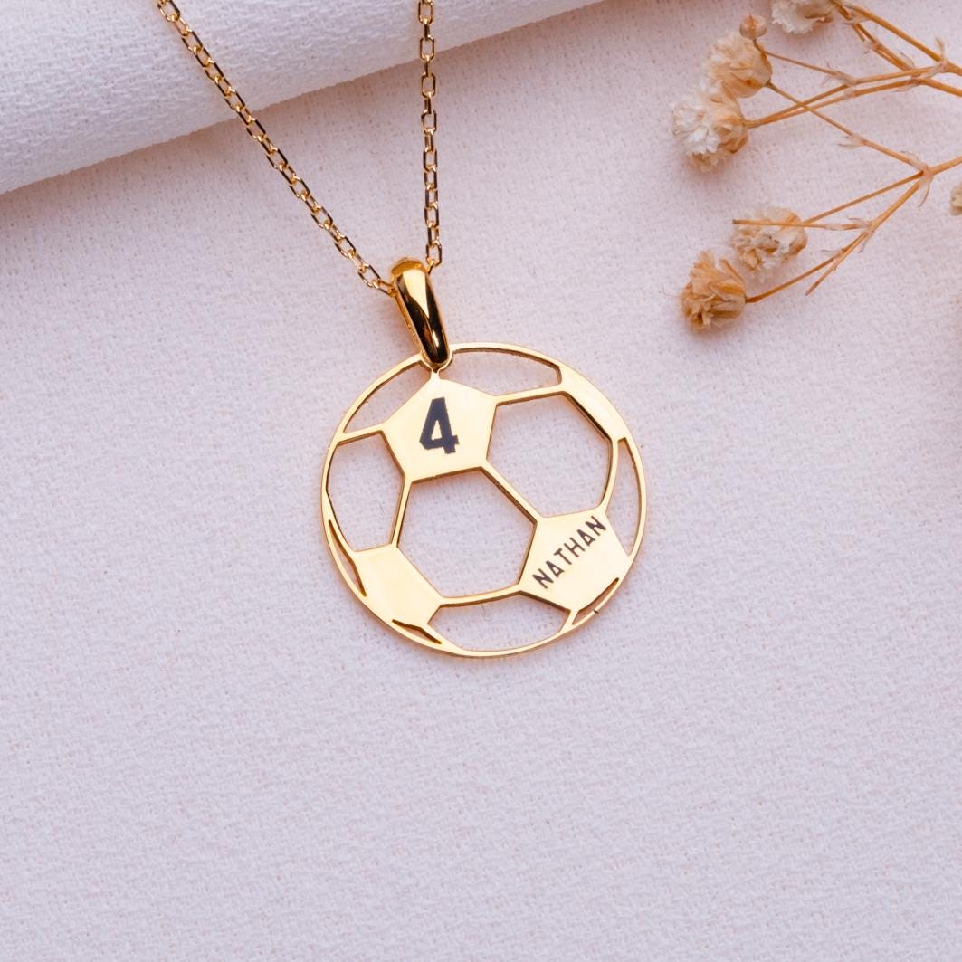 Personalized Soccer Necklace • Custom Football Number & Name Pendant-Handmade Sports Gift for Boy-Gold Soccer Charm-Athlete Jewelry for Him