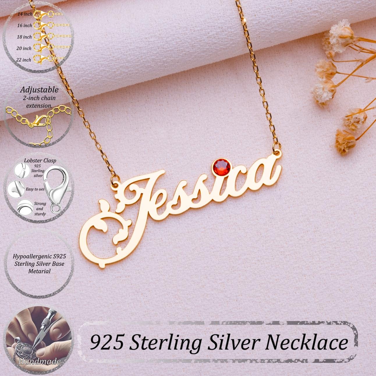 Personalized Name Necklace • Birthstone Pendant for Women • October Birth Month Jewelry • Custom Gift for Her • Dainty Handmade Necklace