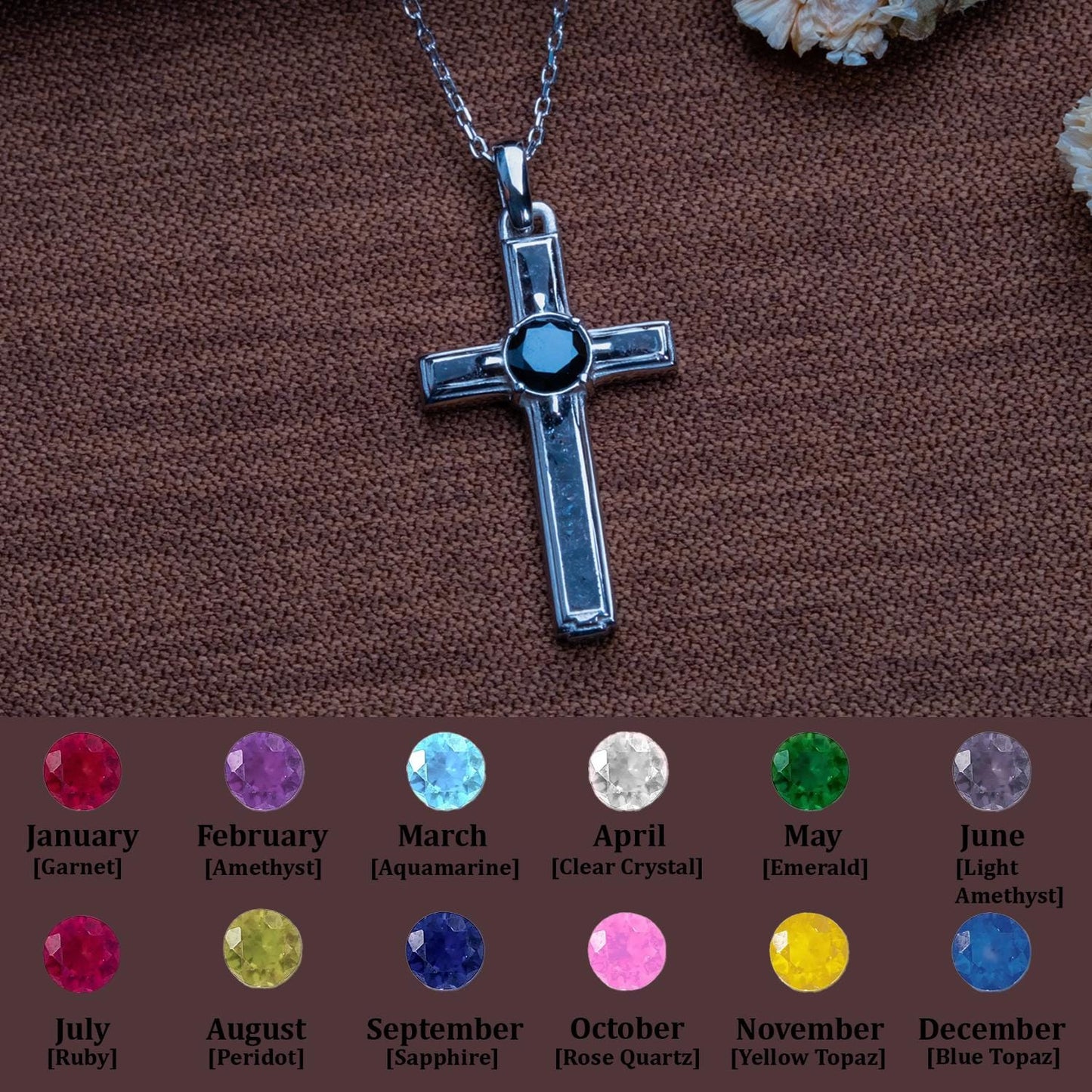 Onyx Cross Birthstone Pendant Necklace: Sterling Silver Crucifix