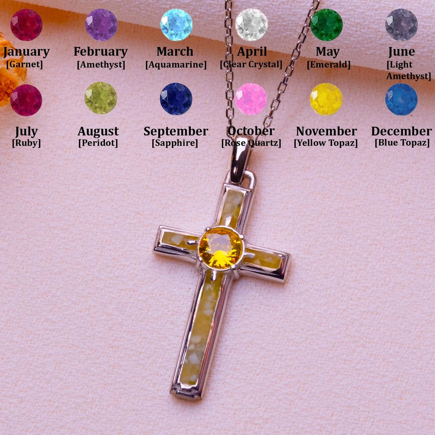 Jade Cross Necklace with Birthstone - Silver Cross - Sideways Jesus Charm, Dainty Resin Pendant-Cute Pearl Gift-Glitter Cross for Her or Him