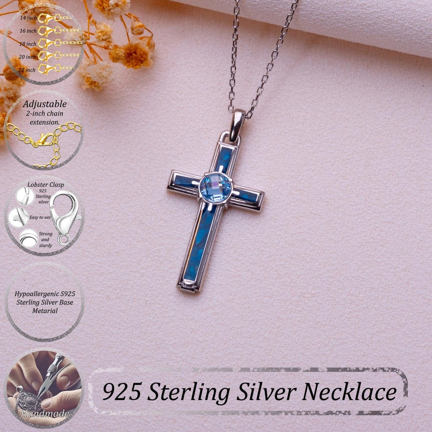 Blue Agate Cross Necklace-Gold Cross for Men,Pearl Charm,Tiny Silver Diamond Pendant,Gothic Orthodox Statement,Wedding Gift,Fashion Jewelry