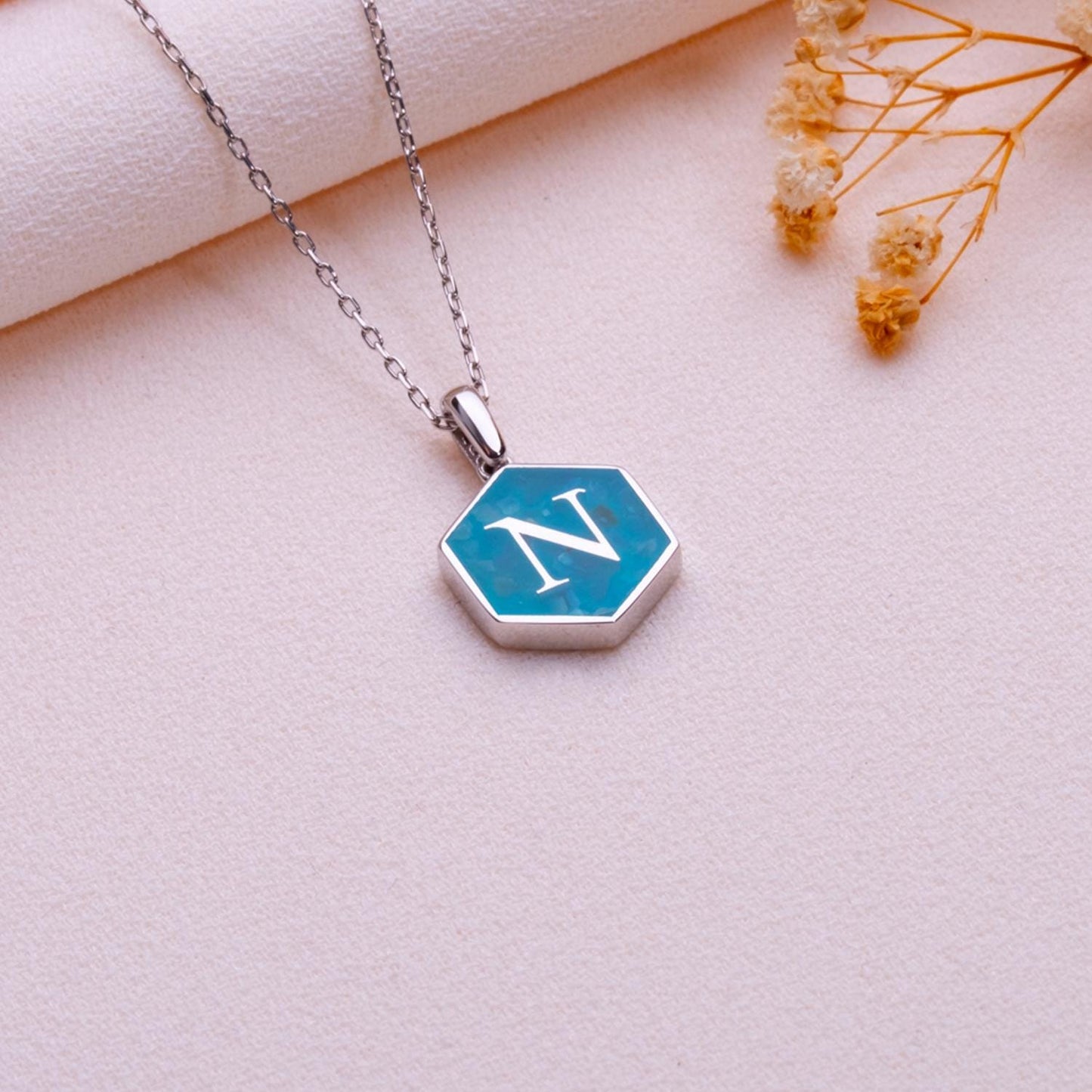 Blue Agate Pendant with Initial-Moss Agate Necklace-Silver Initial Charm-Personalized Jewelry Gift for Her Him,Natural Stone Letter Necklace