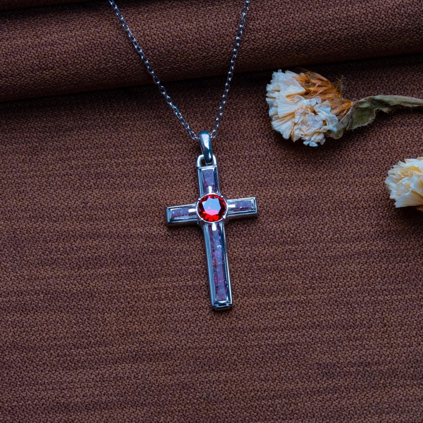 Garnet Birthstone Cross Necklace: Sterling Silver, Gold Plated