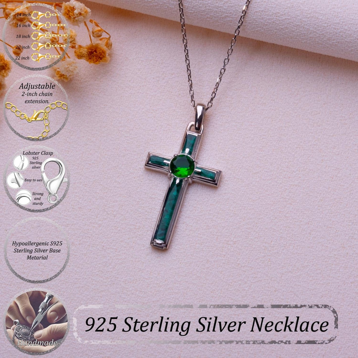Malachite Cross Necklace • White & Rose Gold Pendant-Rustic Orthodox Charm • Elegant Christian Gift-Mom's Wedding Present-Birthstone Detail