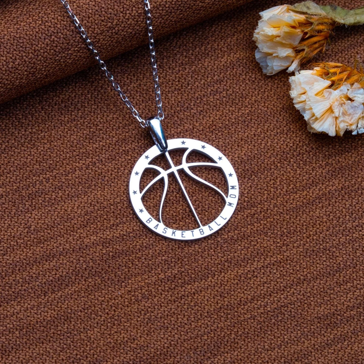 Basketball Mom Necklace – Sterling Silver Sports Pendant Gift for Mom, Cut Out Basketball Jewelry, Personalized Athletic Mom Necklace