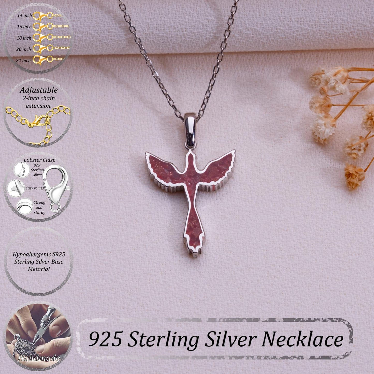 Sunstone Jasper Dove Necklace – 925 Sterling Silver Holy Spirit Pendant,Christian Bird Necklace, Religious Gift for Her,Confirmation Jewelry