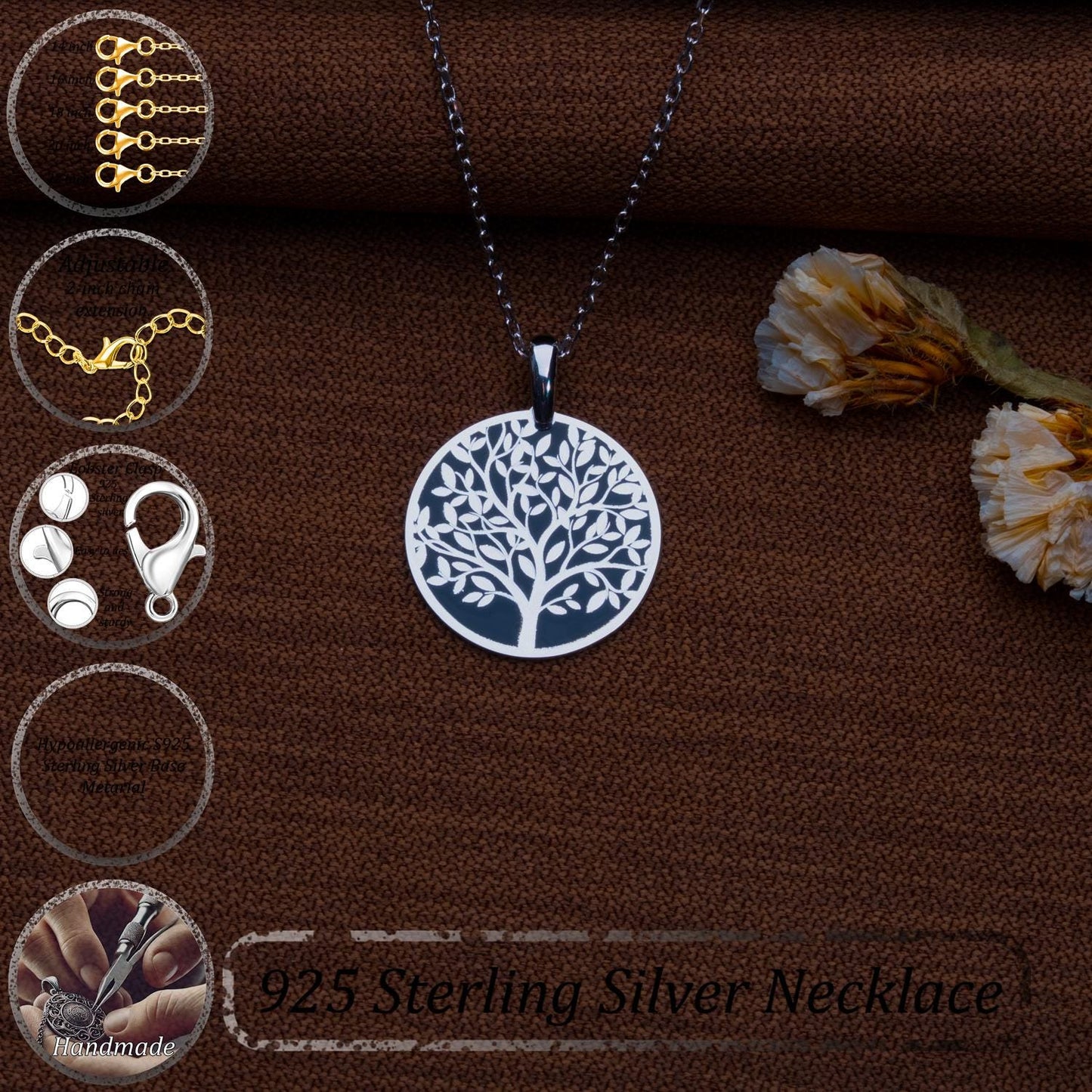 Tree of Life Necklace – 925 Sterling Silver Medallion Pendant, Family Tree Jewelry, Spiritual Nature Gift for Her, Boho Tree Charm Necklace