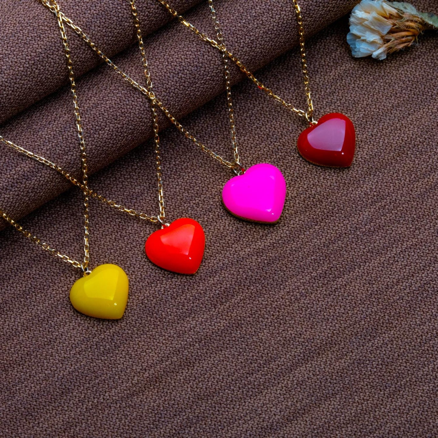 Colorful Puffy Heart Necklace Set – Red,Pink,Yellow, Orange Glossy Charms,Silver Pendant Gift for Her,Valentine's Rainbow Heart Jewelry