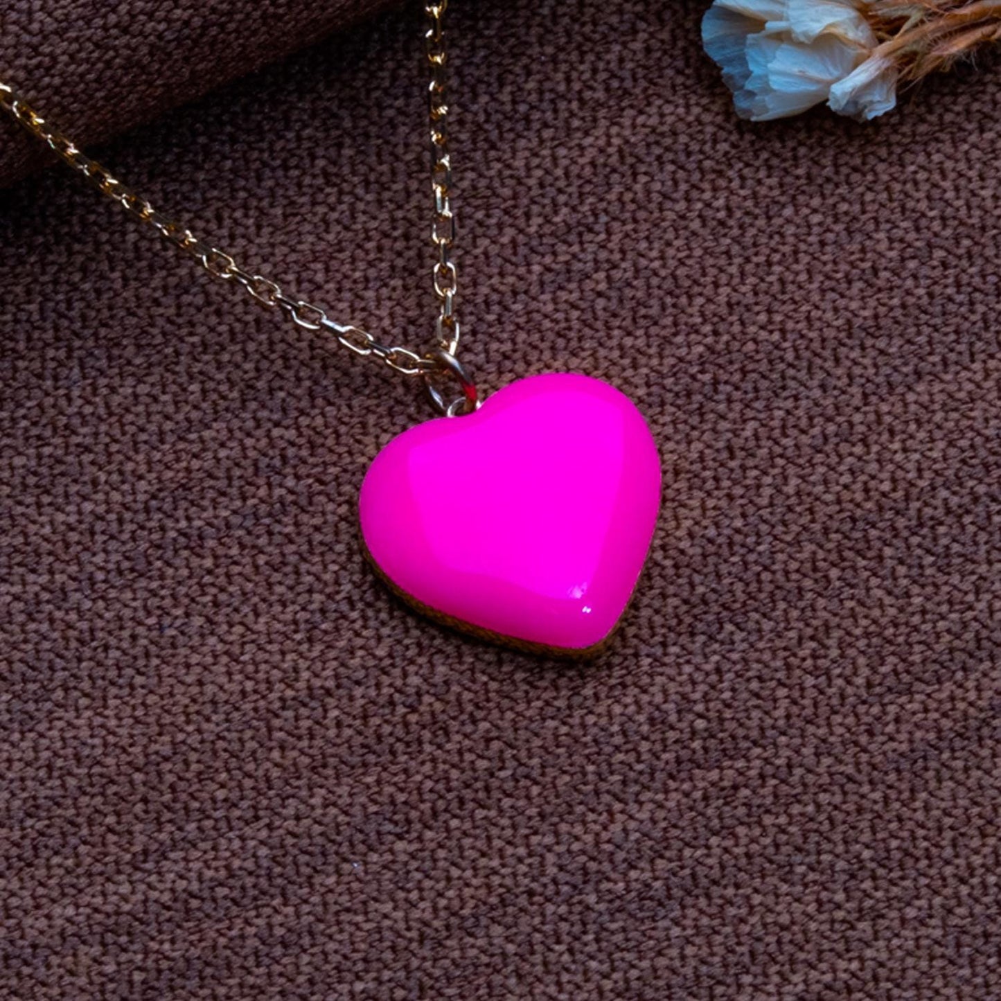 Pink Puffy Heart Necklace – Glossy Enamel Silver Charm on Gold Chain, Handmade Love Pendant Gift for Her,Handmade 925 Silver Love Charm.