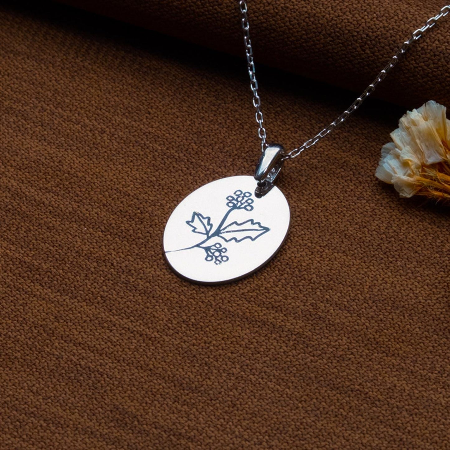 Birth Flower Necklace – Personalized Botanical Pendant,Engraved Silver Floral Jewelry,Birth Month Flower Gift for Her,Handmade Coin Necklace