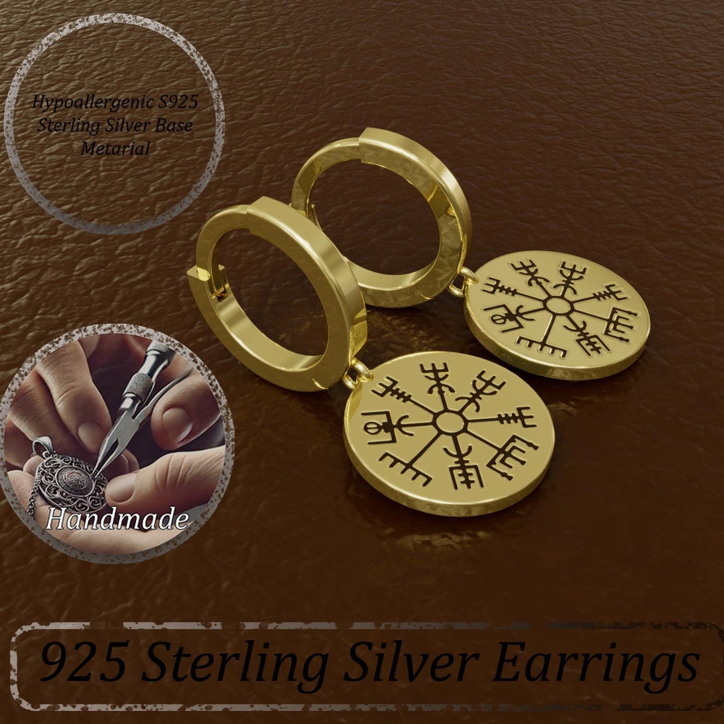 Vegvisir Compass Dangle Earrings, Viking Drop Earrings, 925 Silver Norse Protection Jewelry, Celtic Scandinavian Earrings, Handmade Gift