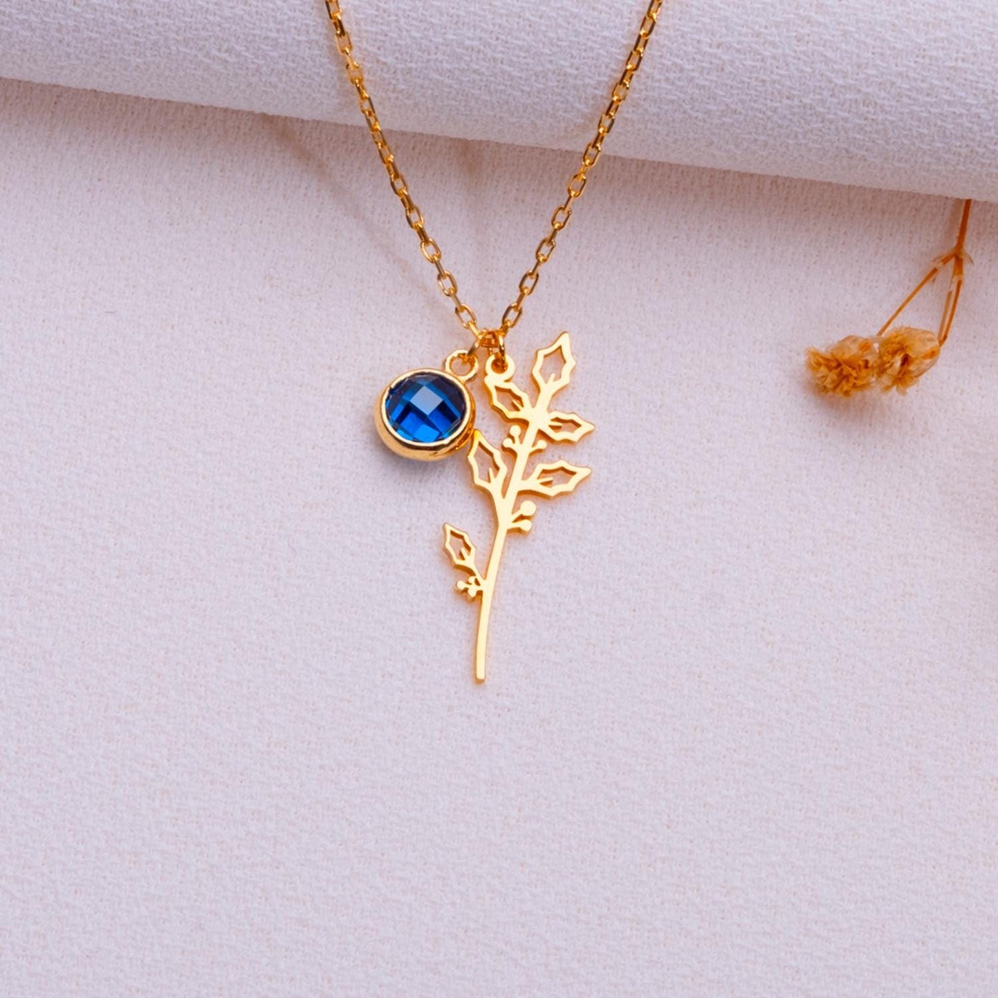 December Holly Berry Birth Flower Necklace • Blue Topaz Jewelry • Floral Gold Pendant • Personalized Birthday Gift • Handmade December