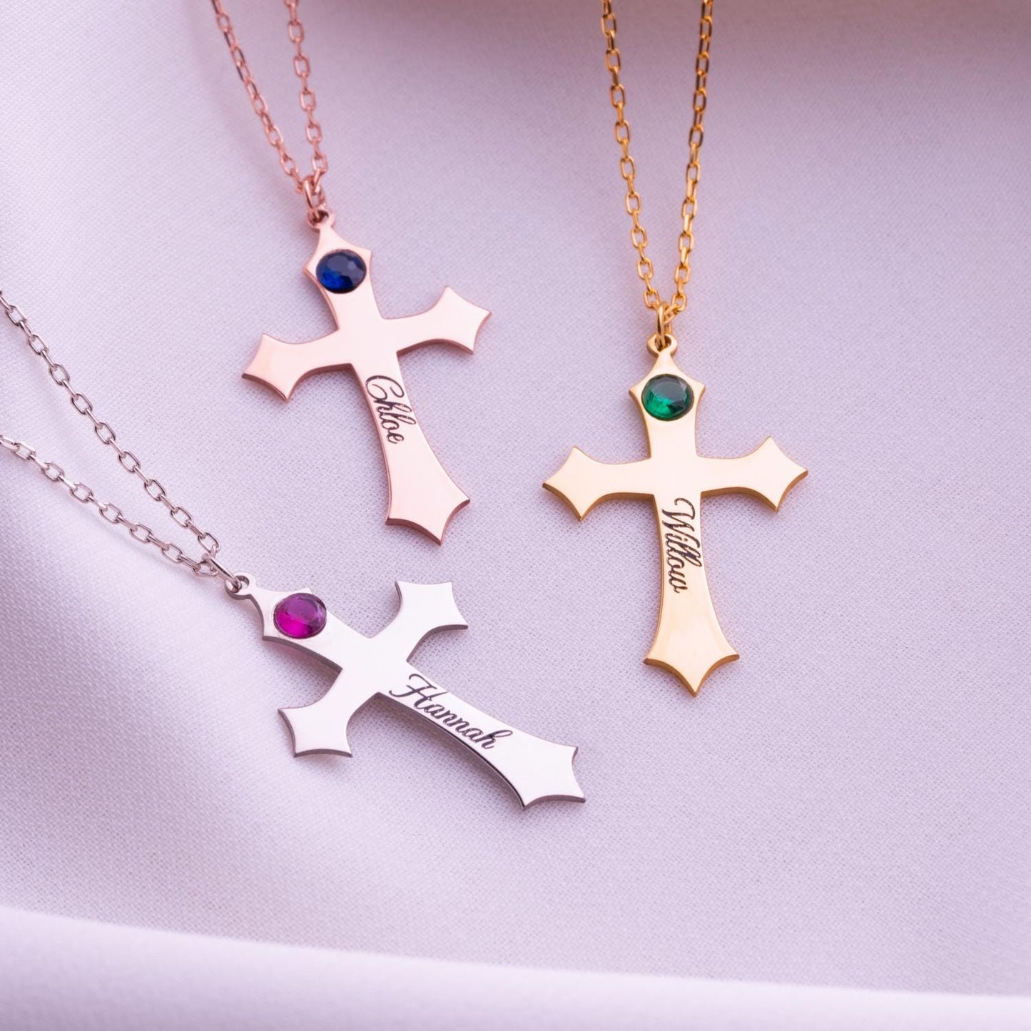 Birthstone Cross Necklace, Gold Cross Pendant, Custom Name Necklace, Small Orthodox Cross, Birthstone Jewelry Gift for Her, Birthday Gift.