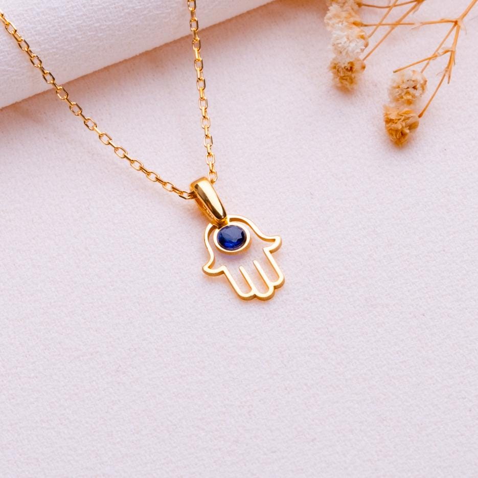 Hamsa Hand Necklace-Gold Evil Eye Pendant-Blue Stone Protection Jewelry-Spiritual Gift for Her-Minimalist Hamsa Charm Necklace-handmade gift