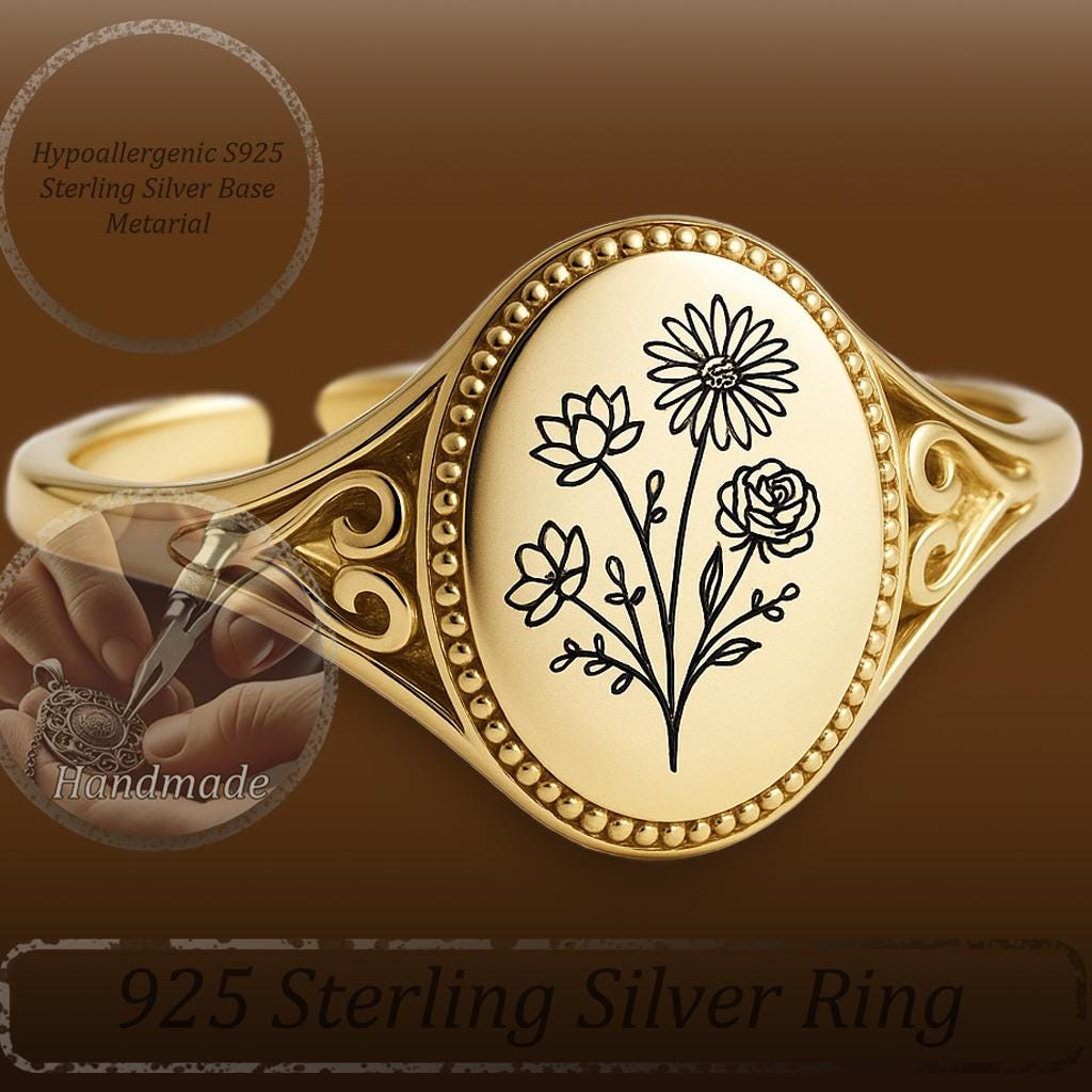 Floral Engraved Oval Signet Ring – Gold Adjustable Botanical Birth Flower Ring – Vintage Style Handmade Statement Jewelry for Women