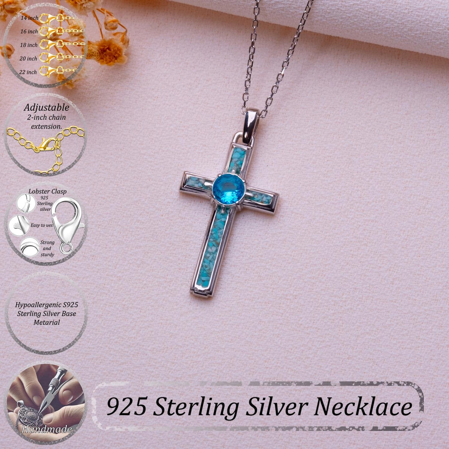 Turquoise Cross Necklace-Gemstone Cross Charm for Women-Tiny Silver Faith Pendant-Filigree Detail-Pearl Accent-Cute Jewelry Gift for Her Now