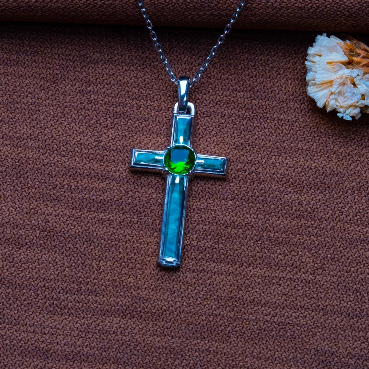 Malachite Cross Necklace • White & Rose Gold Pendant-Rustic Orthodox Charm • Elegant Christian Gift-Mom's Wedding Present-Birthstone Detail