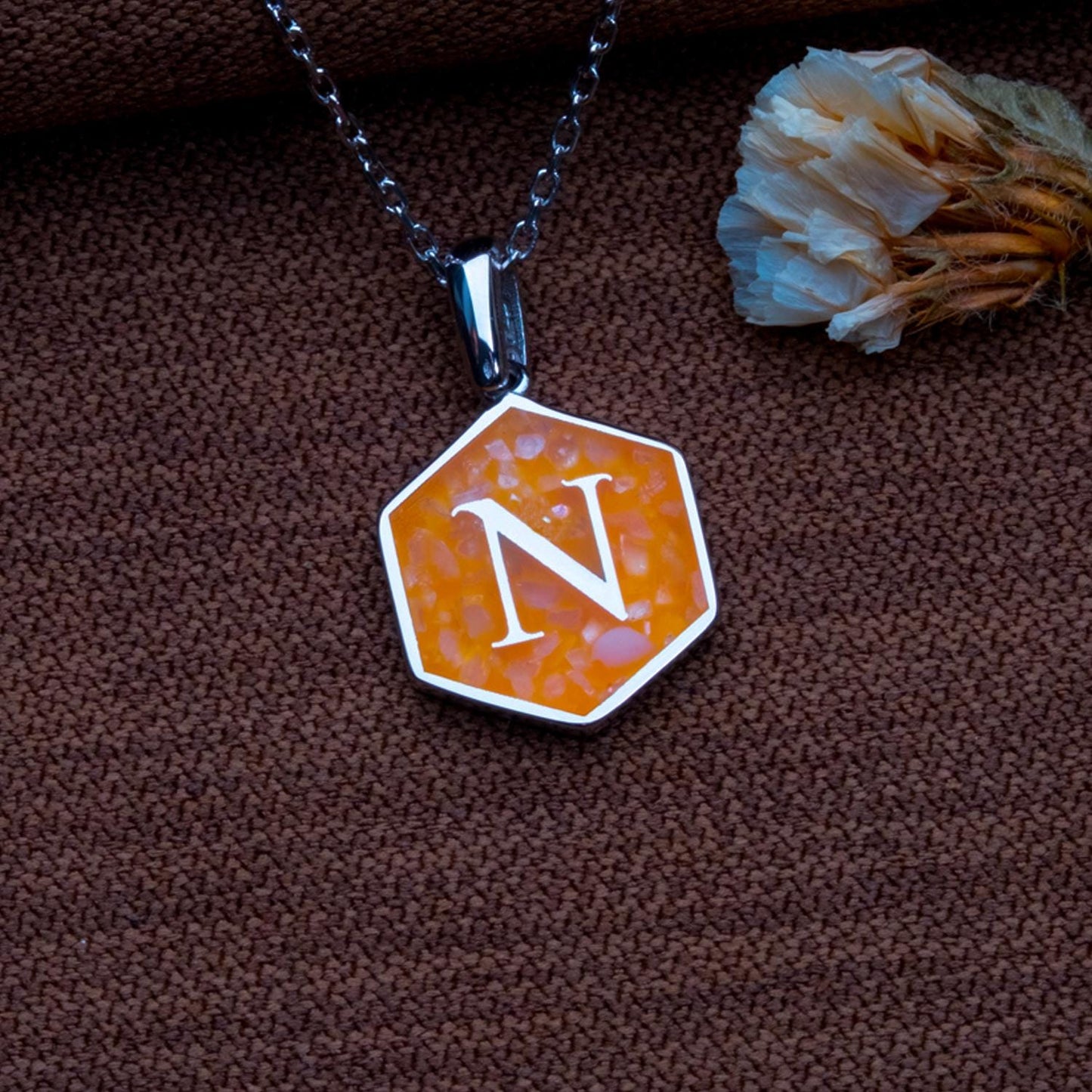 Orange Agate Pendant with Initial-Orange Agate Necklace-Initial Charm-Personalized Jewelry Gift for Her Him,Natural Stone Letter Necklace.
