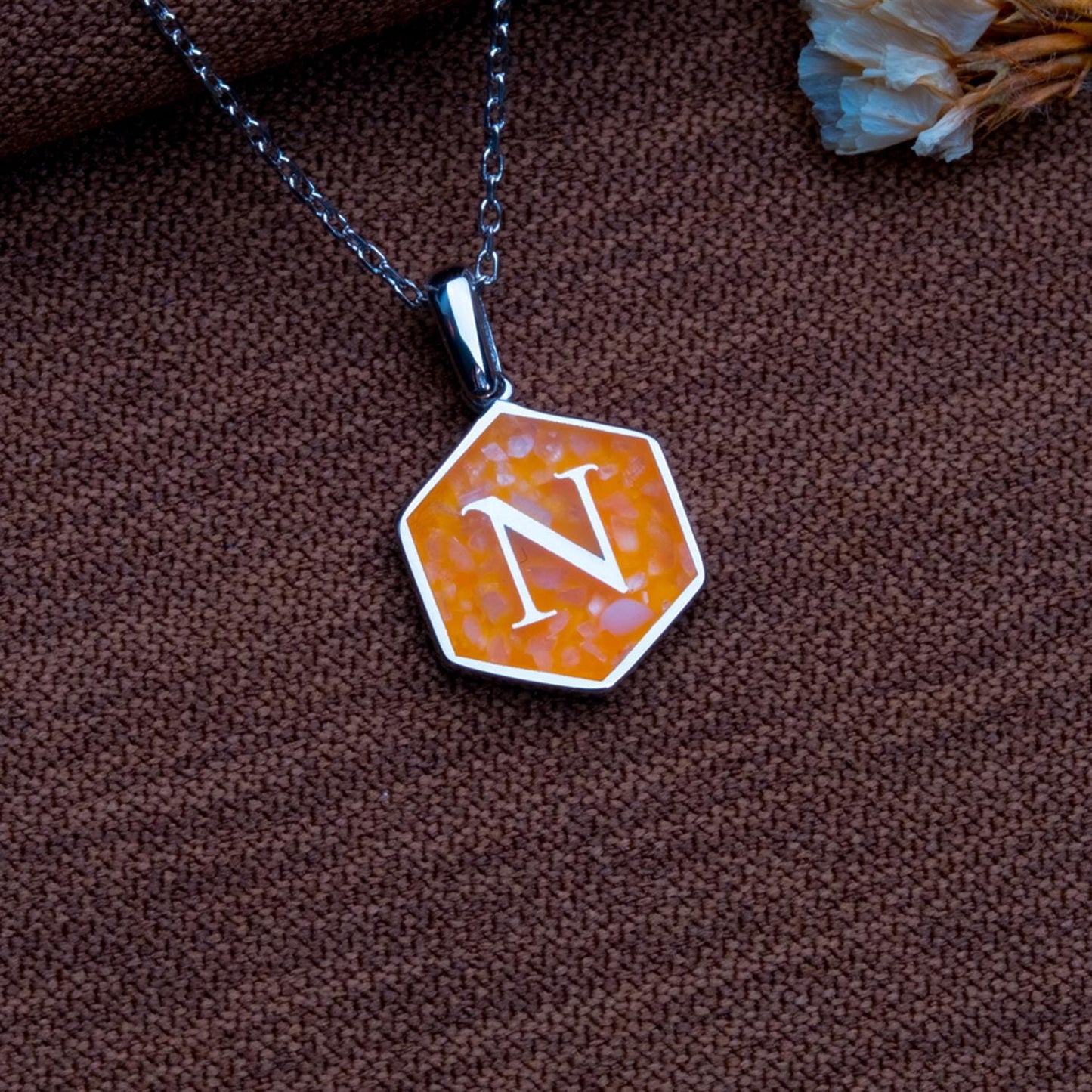 Orange Agate Pendant with Initial-Orange Agate Necklace-Initial Charm-Personalized Jewelry Gift for Her Him,Natural Stone Letter Necklace.