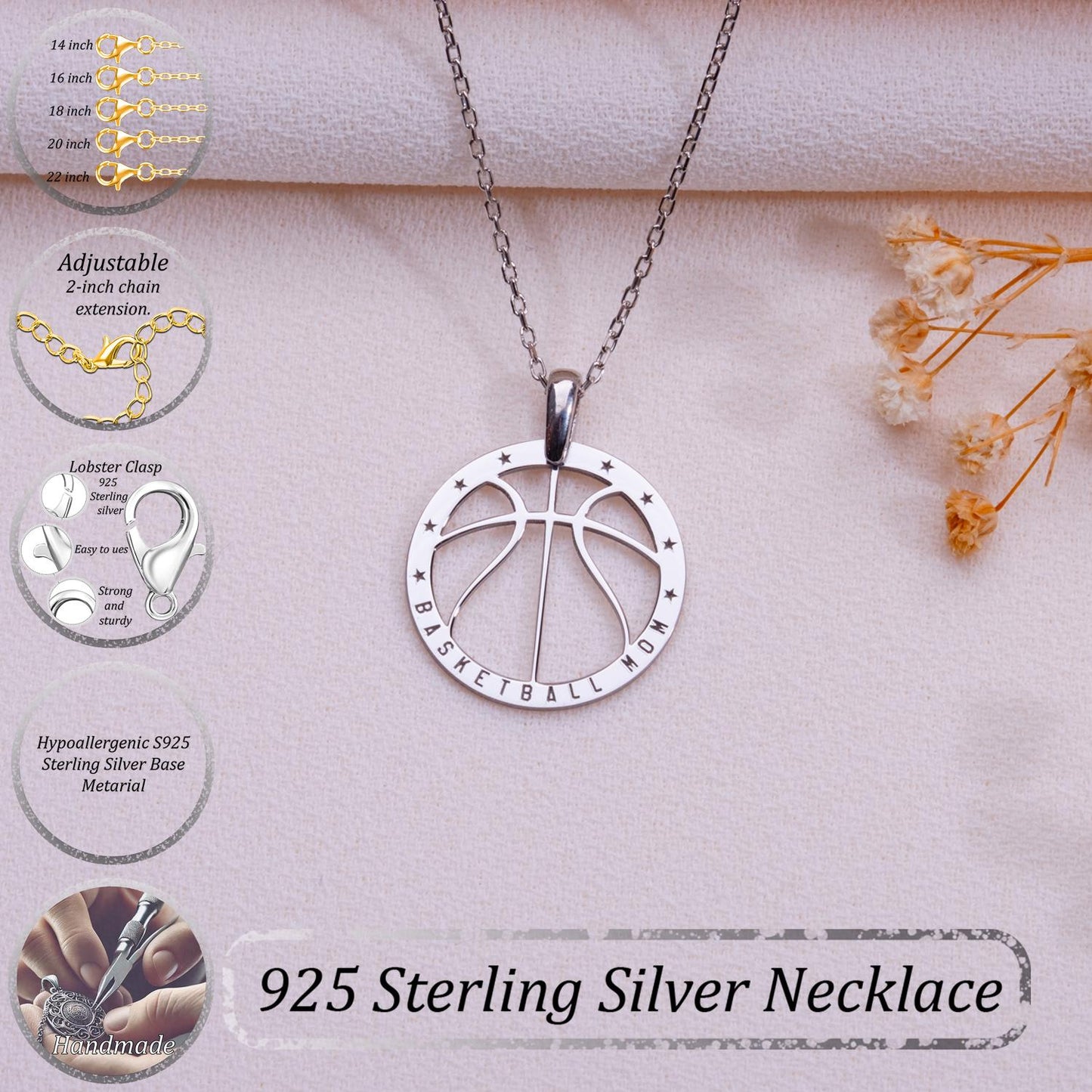 Basketball Mom Necklace – Sterling Silver Sports Pendant Gift for Mom, Cut Out Basketball Jewelry, Personalized Athletic Mom Necklace