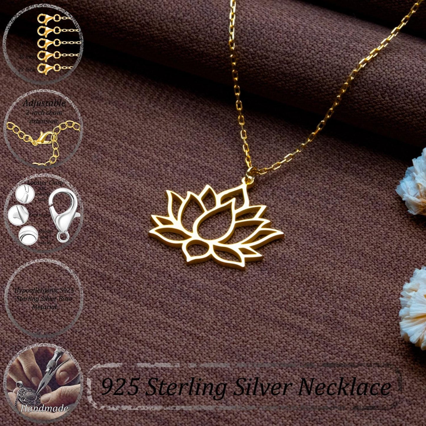 Yoga Lotus Flower Necklace – 925 Sterling Silver Mandala Jewelry, Minimal Boho Pendant for Women, Spiritual Gift,Handmade Necklace, Gift Box
