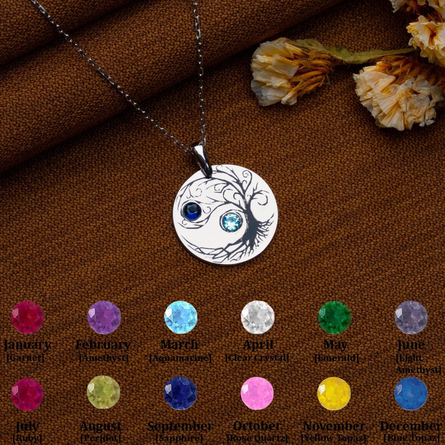Tree of Life Birthstone Necklace - Family Tree Pendant-Personalized Gemstone - Celtic Jewelry Gift for Her -Silver or Gold Birthday Necklace