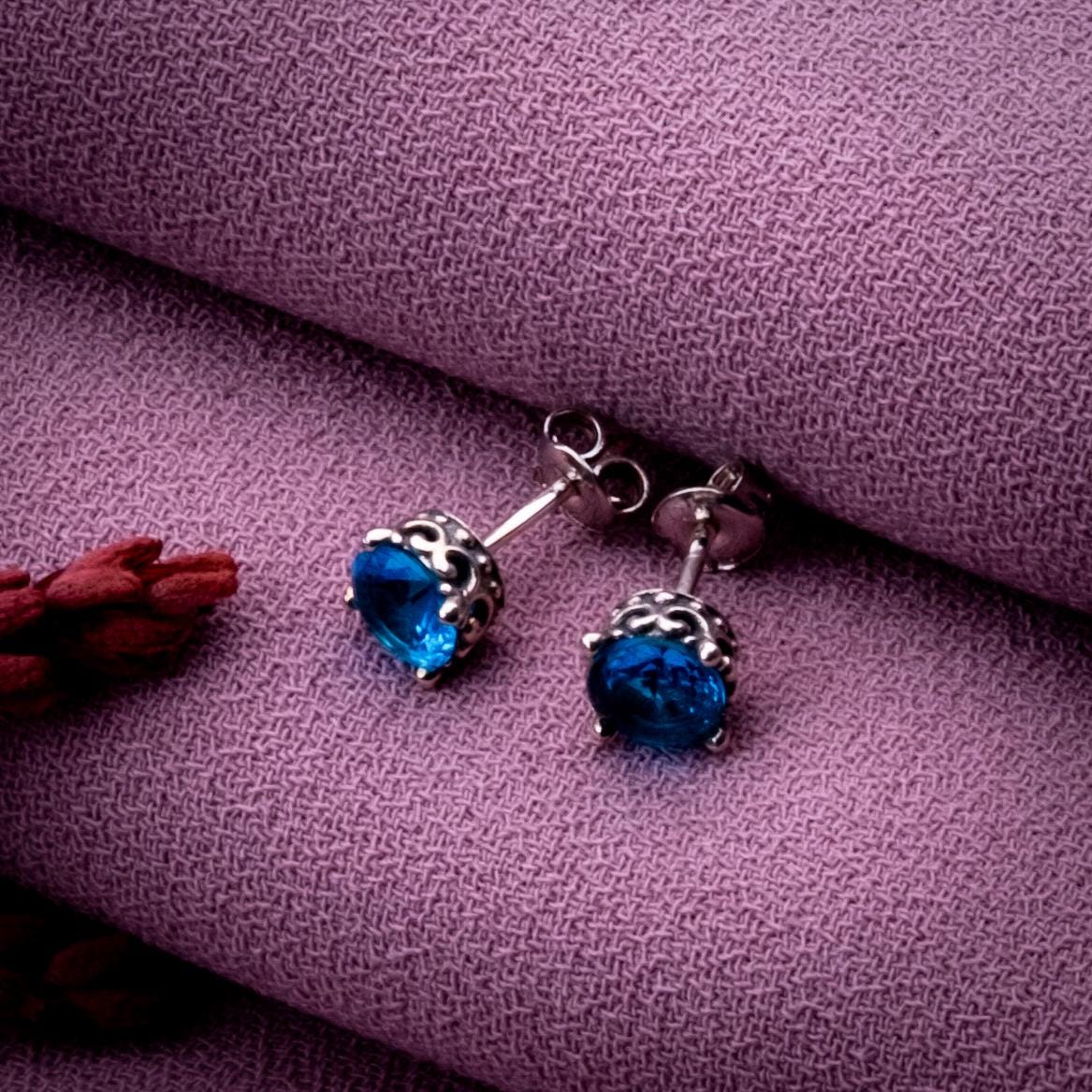 Blue Topaz Stud Earrings, 925 Sterling Silver Scroll Setting, December Birthstone Jewelry, Handmade Blue Gemstone Earrings Gift for Her