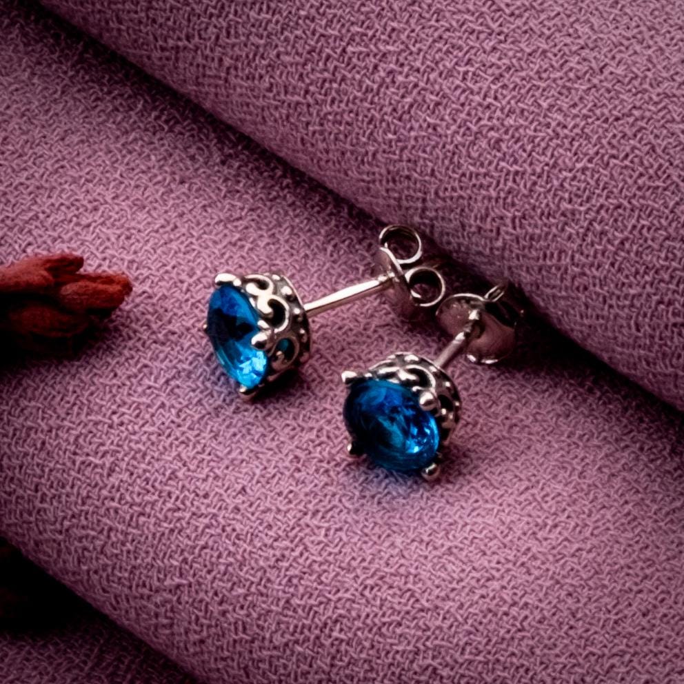 Blue Topaz Stud Earrings, 925 Sterling Silver Scroll Setting, December Birthstone Jewelry, Handmade Blue Gemstone Earrings Gift for Her