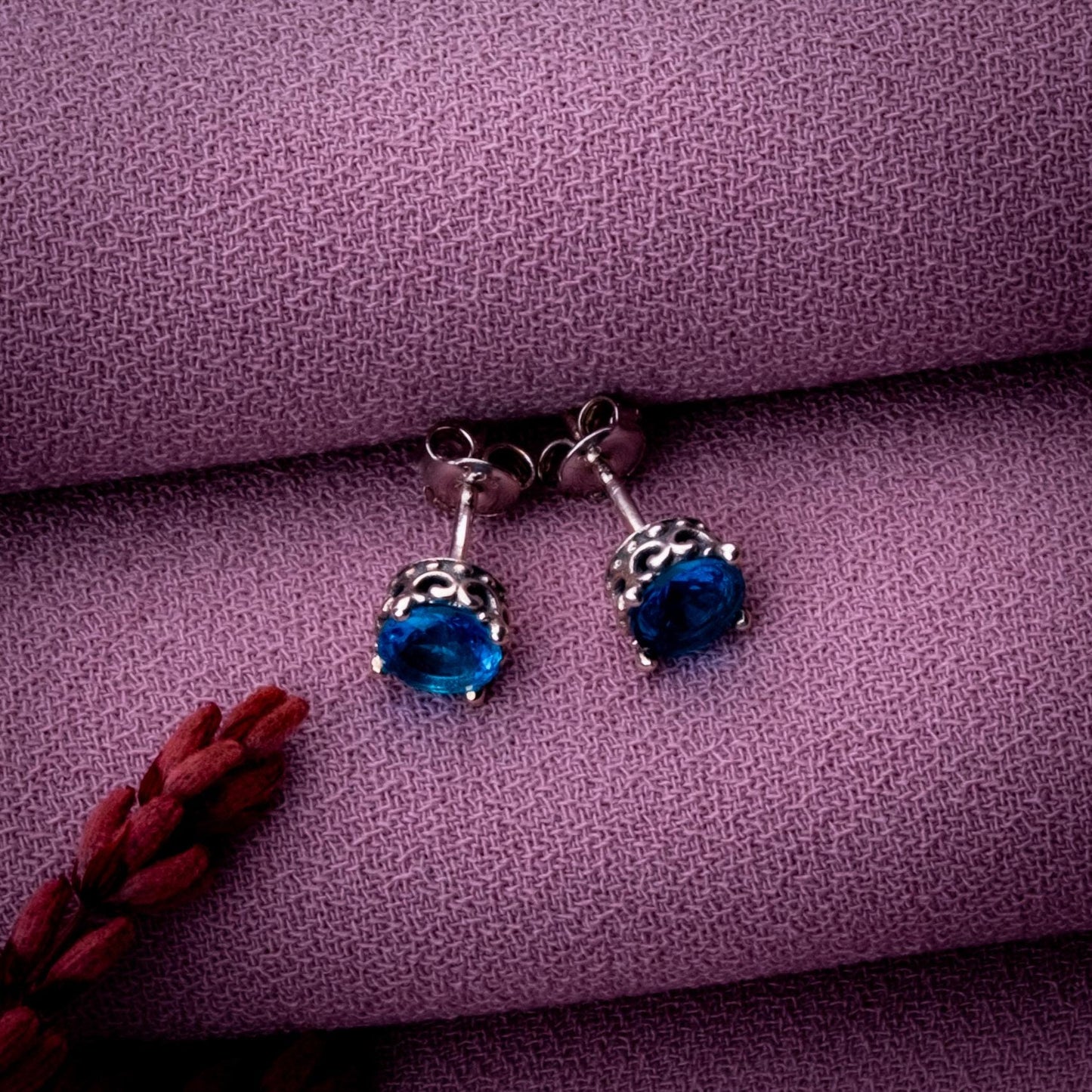 Blue Topaz Stud Earrings, 925 Sterling Silver Scroll Setting, December Birthstone Jewelry, Handmade Blue Gemstone Earrings Gift for Her