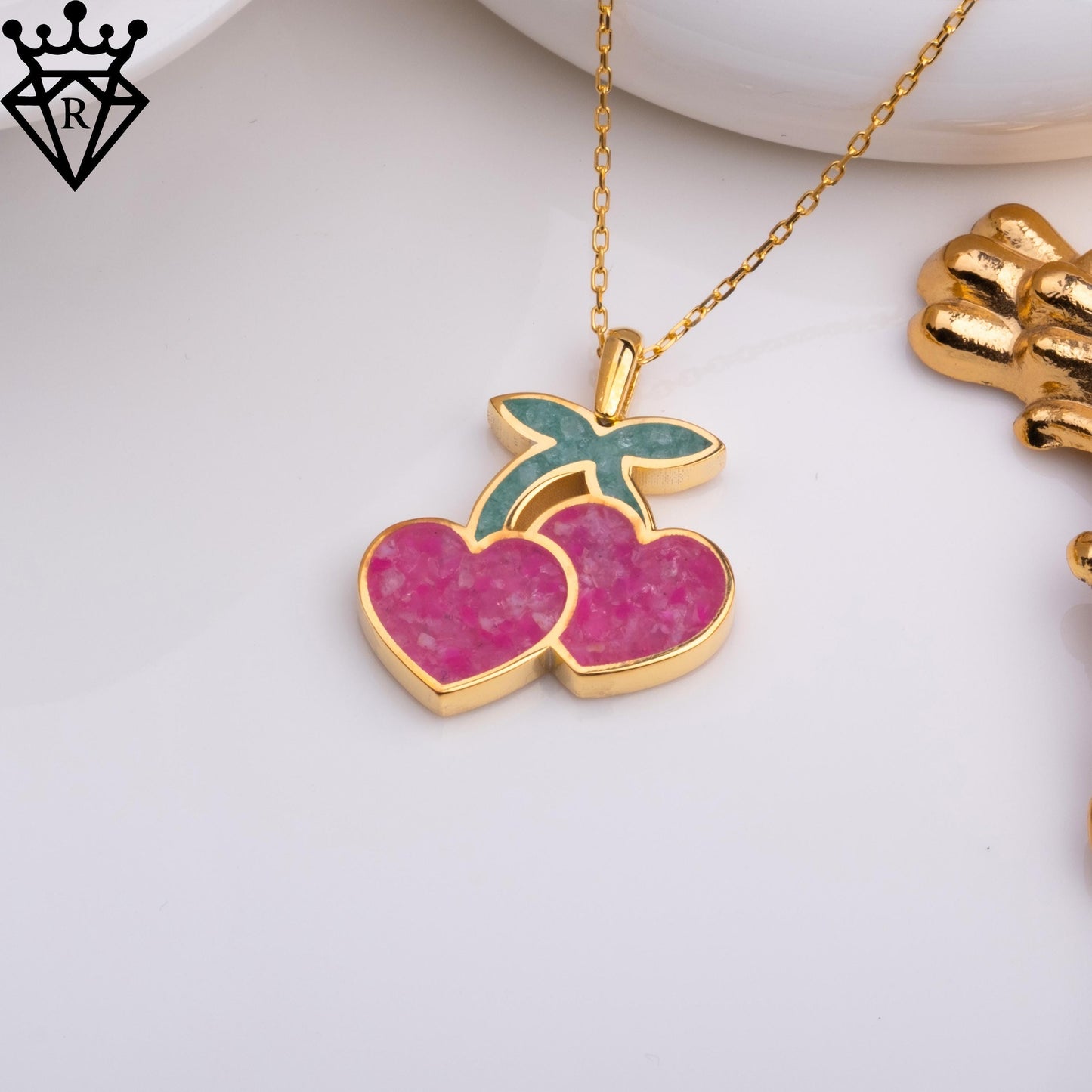 Pink Agate Cherry Necklace, Aventurine Leaf Pendant, 14K Gold Plated 925 Sterling Silver, Heart Shaped Fruit Jewelry, Handmade Gift for Her