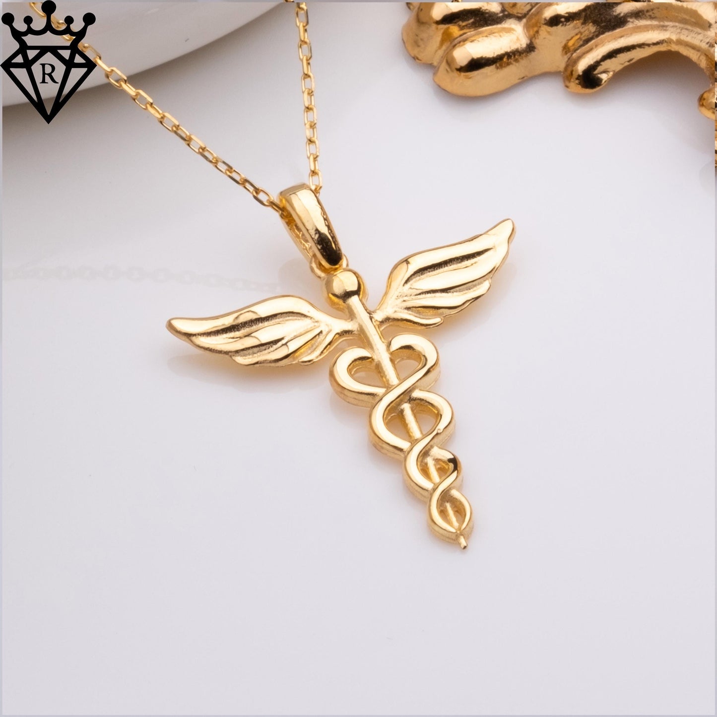 Caduceus Necklace – Medical Symbol Pendant for Doctor Nurse Graduation Gift – 925 Sterling Silver Handmade Jewelry,14K Gold pendant necklace
