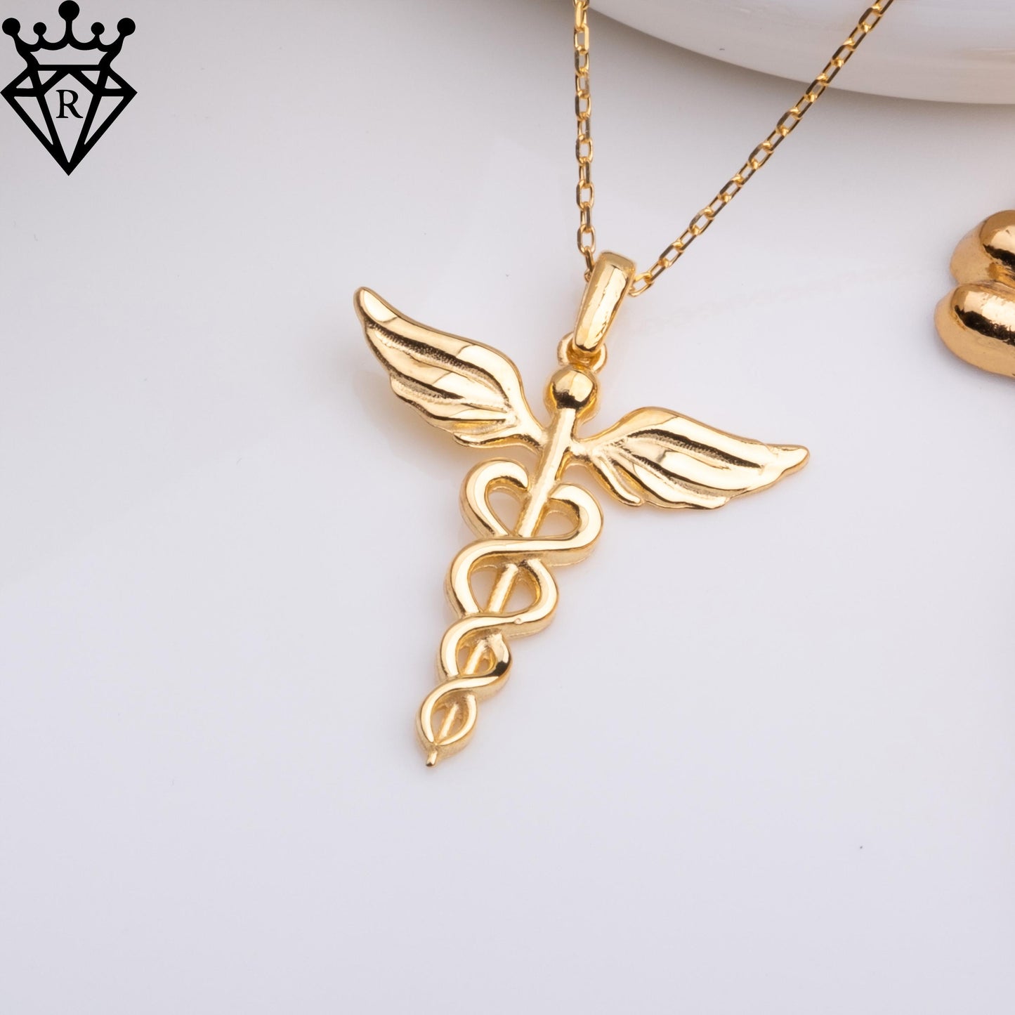 Caduceus Necklace – Medical Symbol Pendant for Doctor Nurse Graduation Gift – 925 Sterling Silver Handmade Jewelry,14K Gold pendant necklace