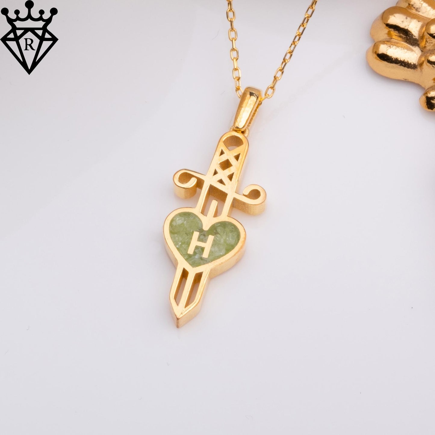 Peridot Heart Initial Necklace – Gold Silver Dagger Pendant, August Birthstone Jewelry,Handmade Small Heart Personalized Pendant for Her