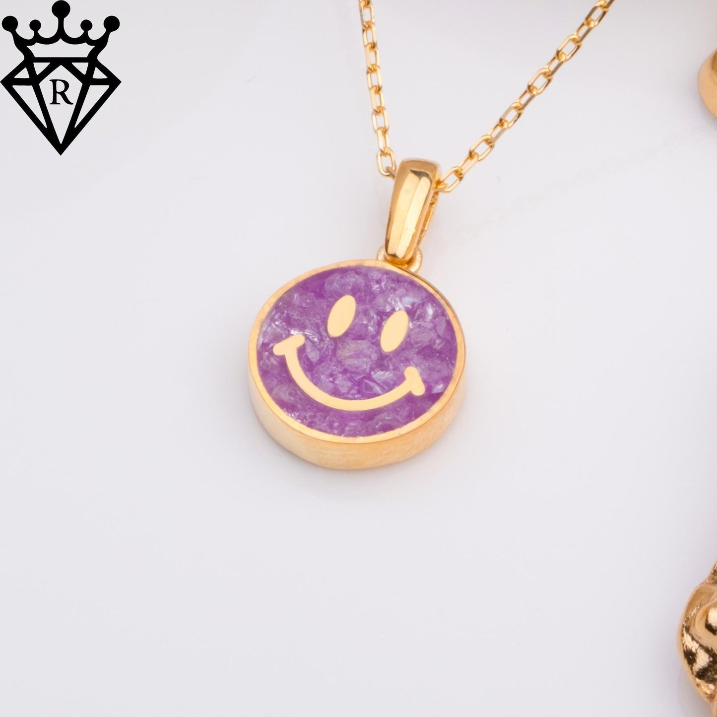 Amethyst Smiley Face Necklace: 14K Gold Plated Sterling Silver Pendant