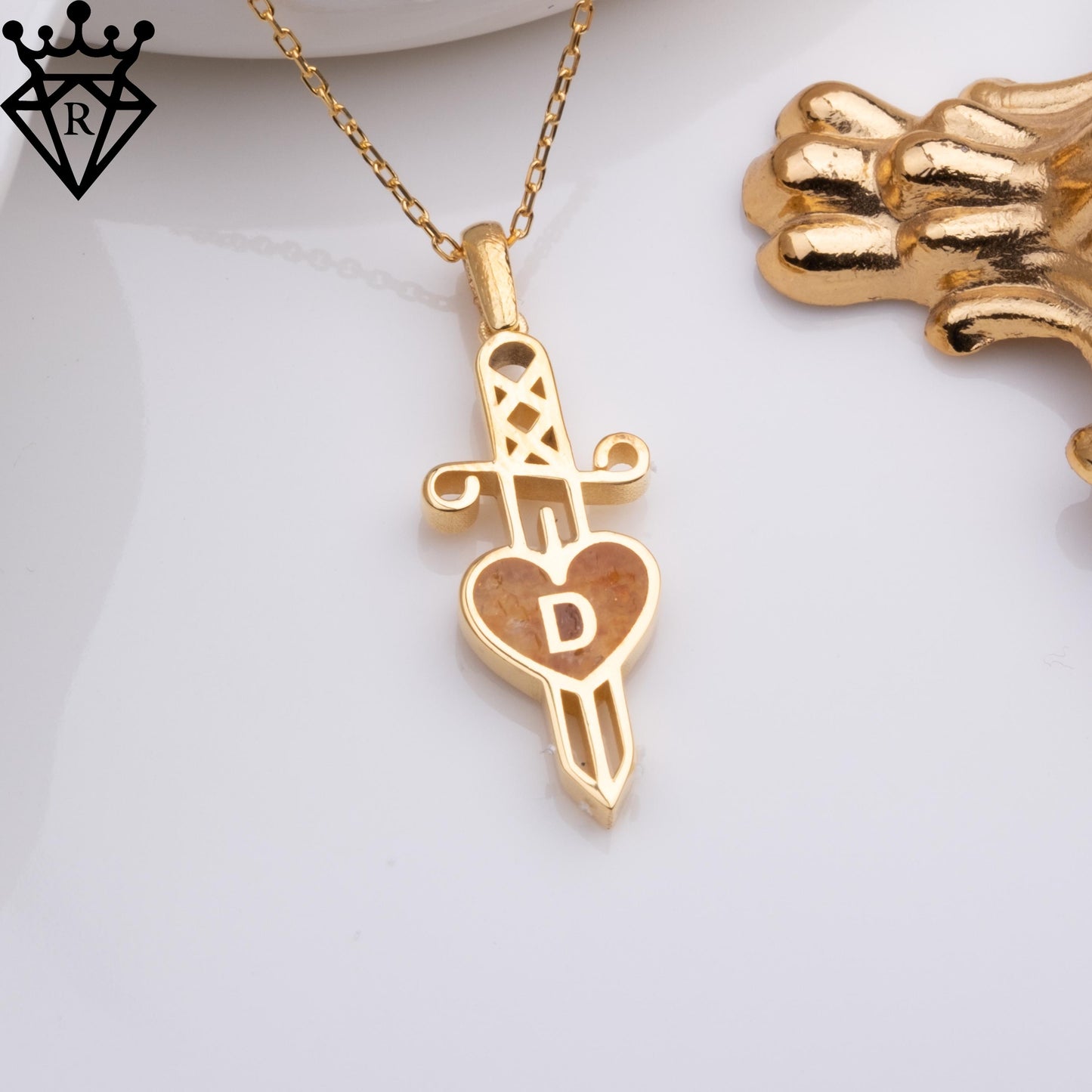 50 Million Year Old Amber Heart Dagger Necklace – Personalized Initial Jewelry–14K Gold Plated 925 Sterling Silver Handmade Gift for Her Him