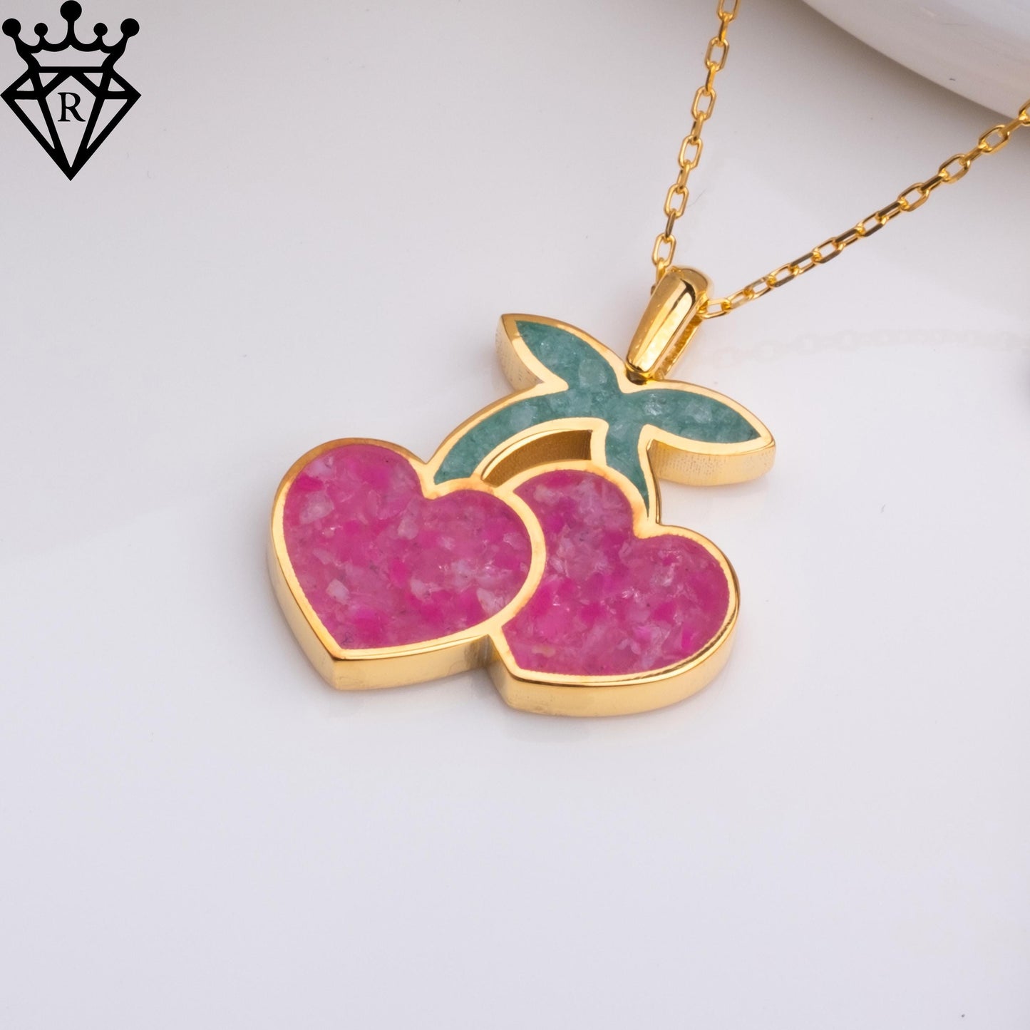 Pink Agate Cherry Necklace, Aventurine Leaf Pendant, 14K Gold Plated 925 Sterling Silver, Heart Shaped Fruit Jewelry, Handmade Gift for Her