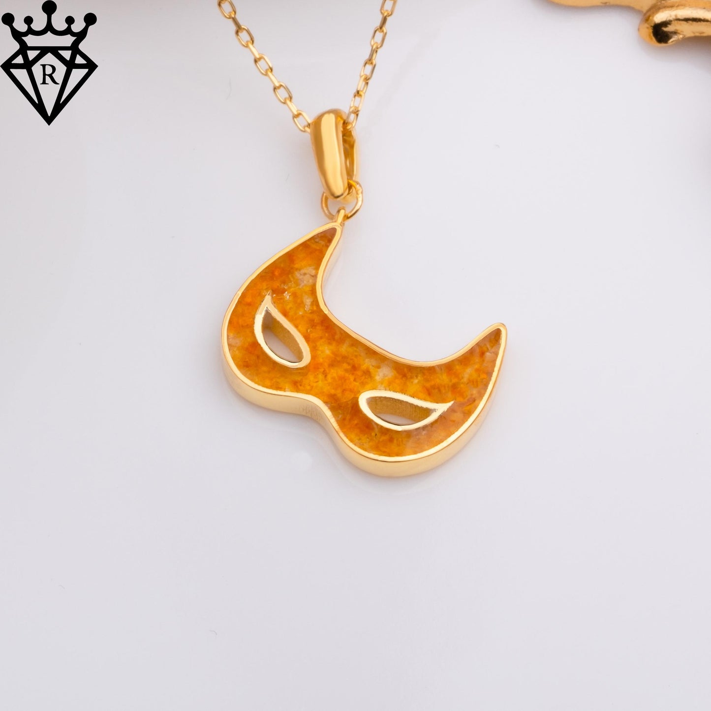 50 Million Year Amber Mask Necklace – 14K Gold Plated 925 Sterling Silver Handmade Fossil Jewelry – Venetian Masquerade Pendant Gift for Her