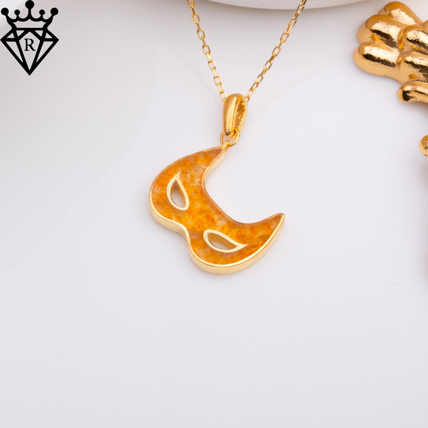 50 Million Year Amber Mask Necklace – 14K Gold Plated 925 Sterling Silver Handmade Fossil Jewelry – Venetian Masquerade Pendant Gift for Her